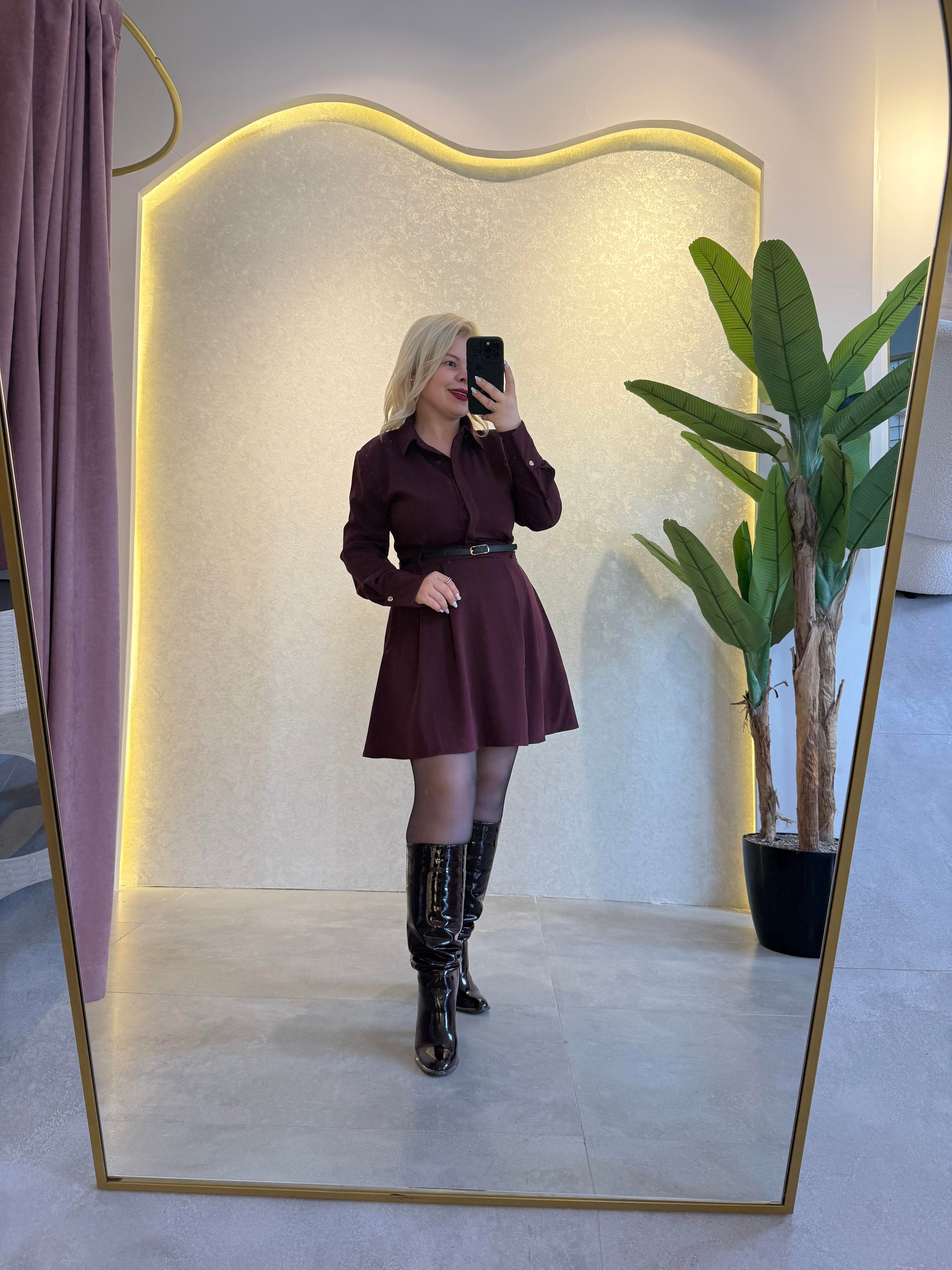 Bordo Kemerli Elbise