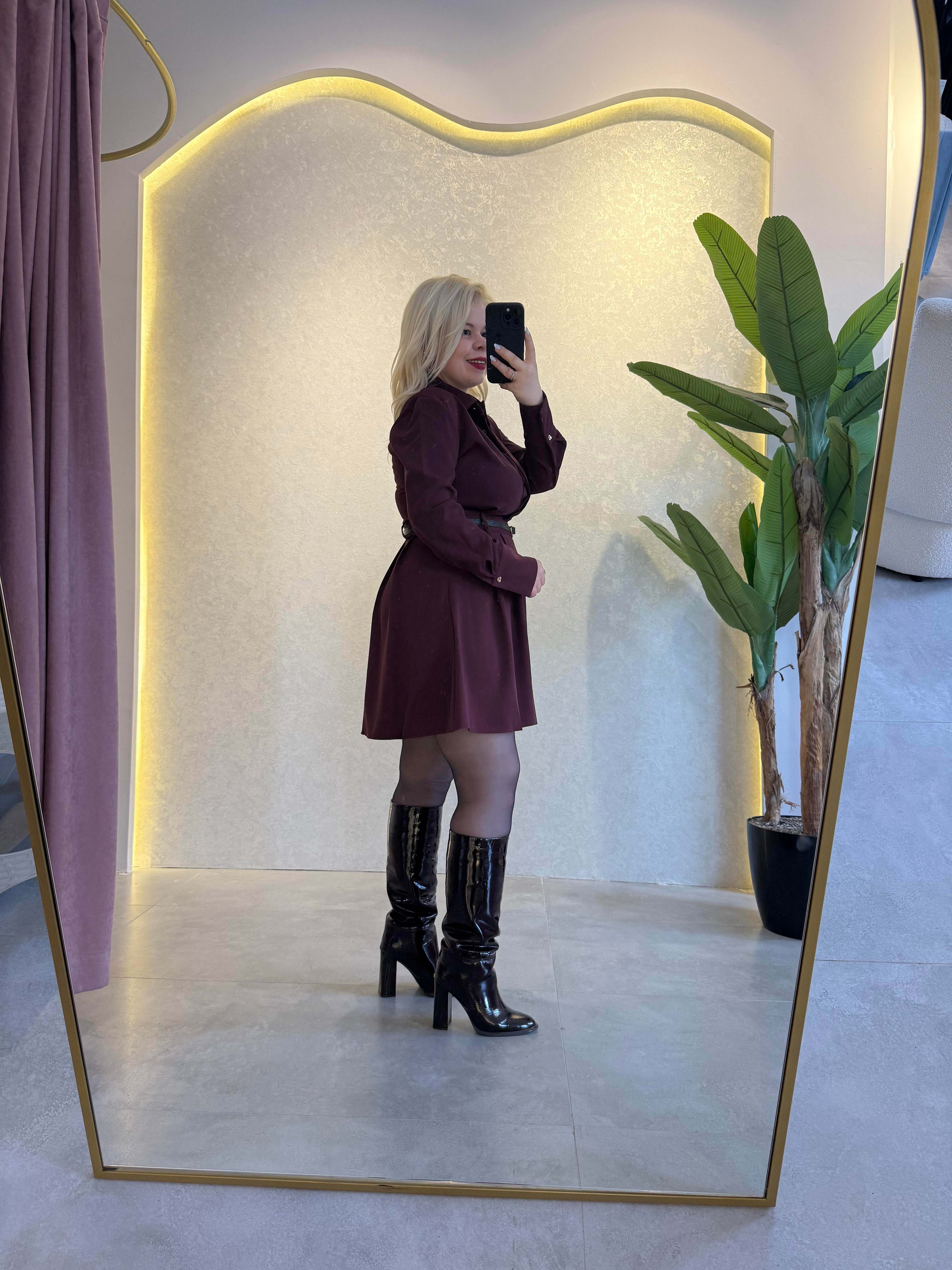 Bordo Kemerli Elbise