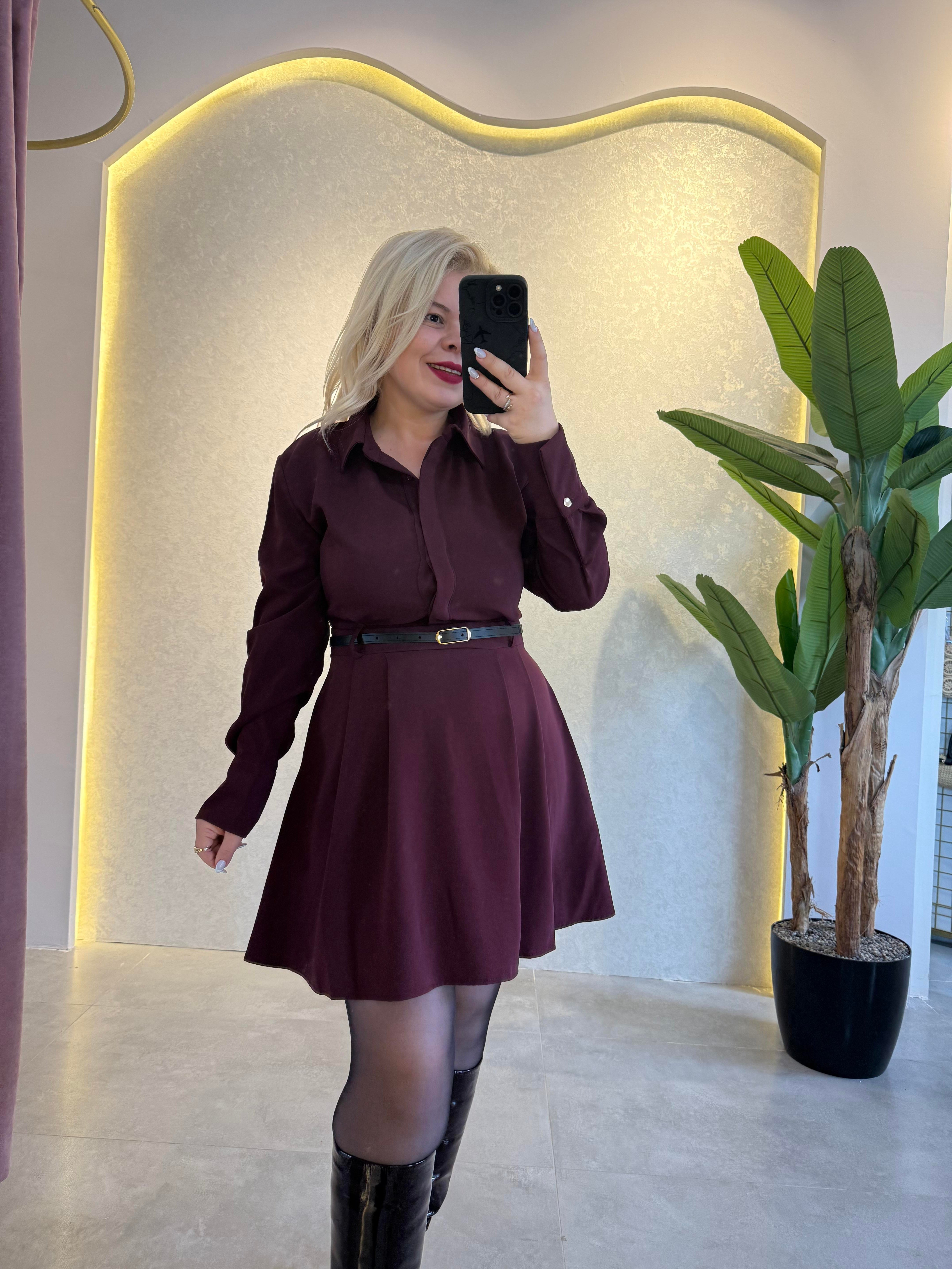 Bordo Kemerli Elbise