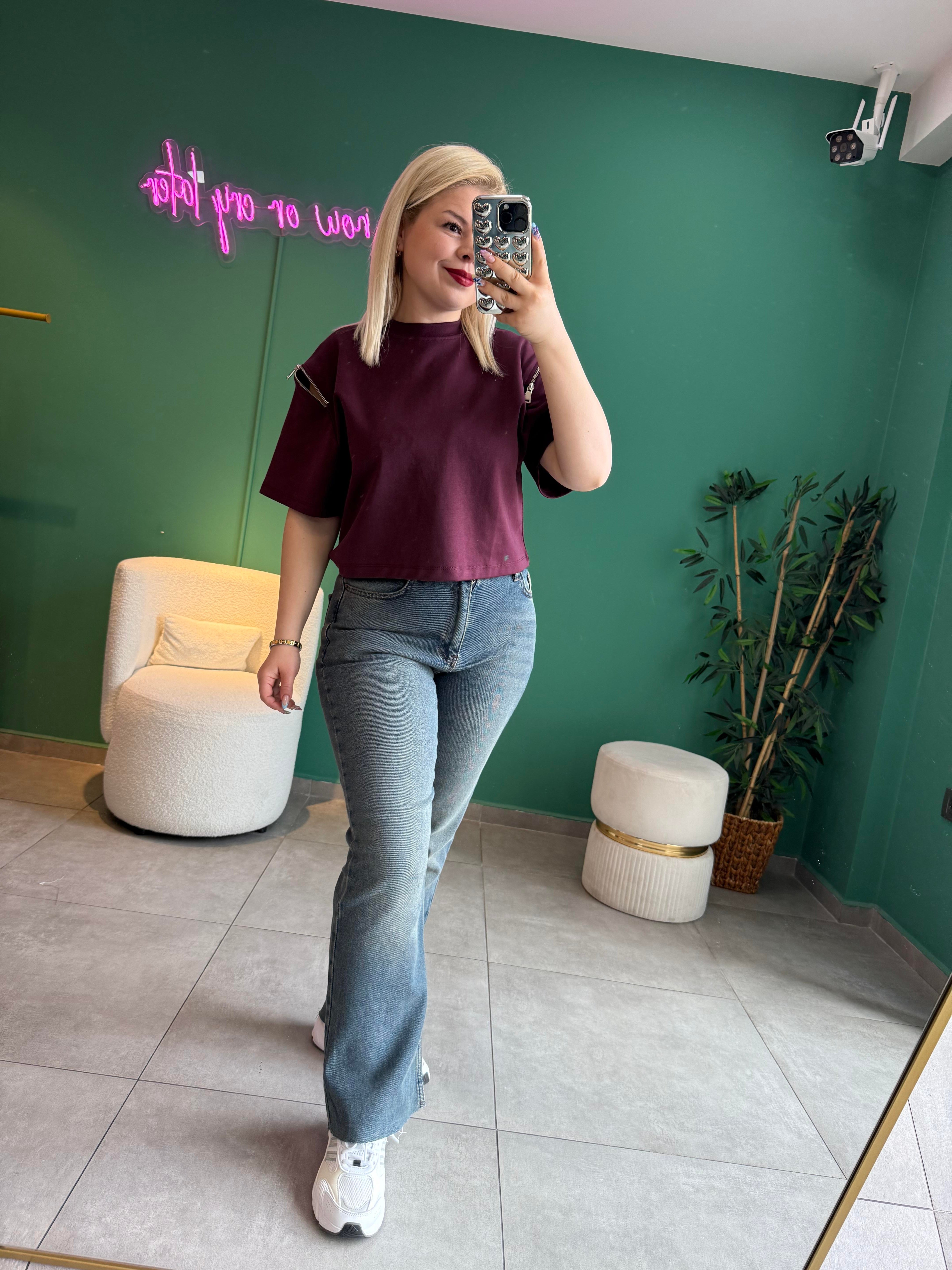 Bordo Koldan Fermuarlı Tişört