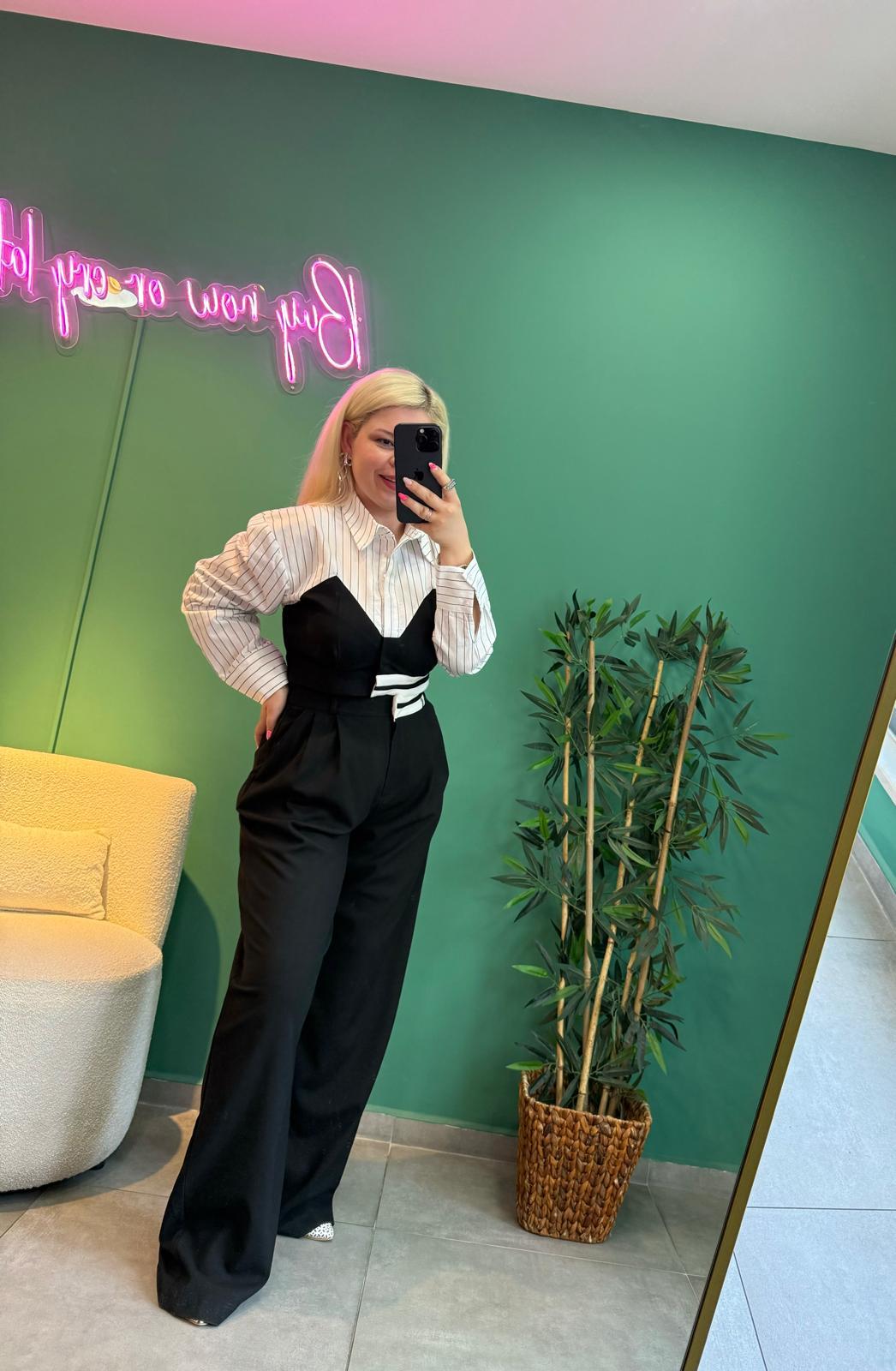 Çizgili Poplin Detaylı Takım