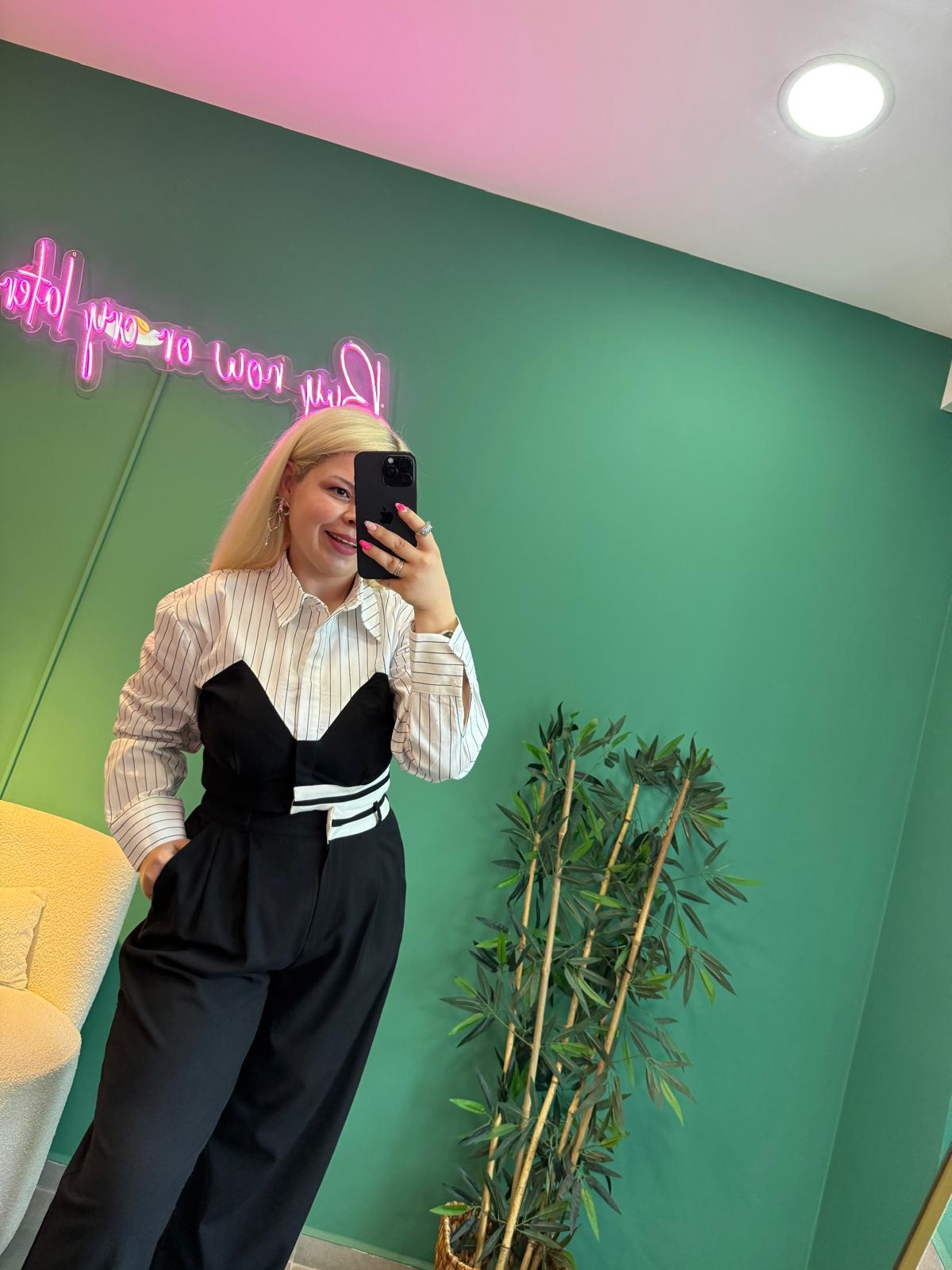 Çizgili Poplin Detaylı Takım