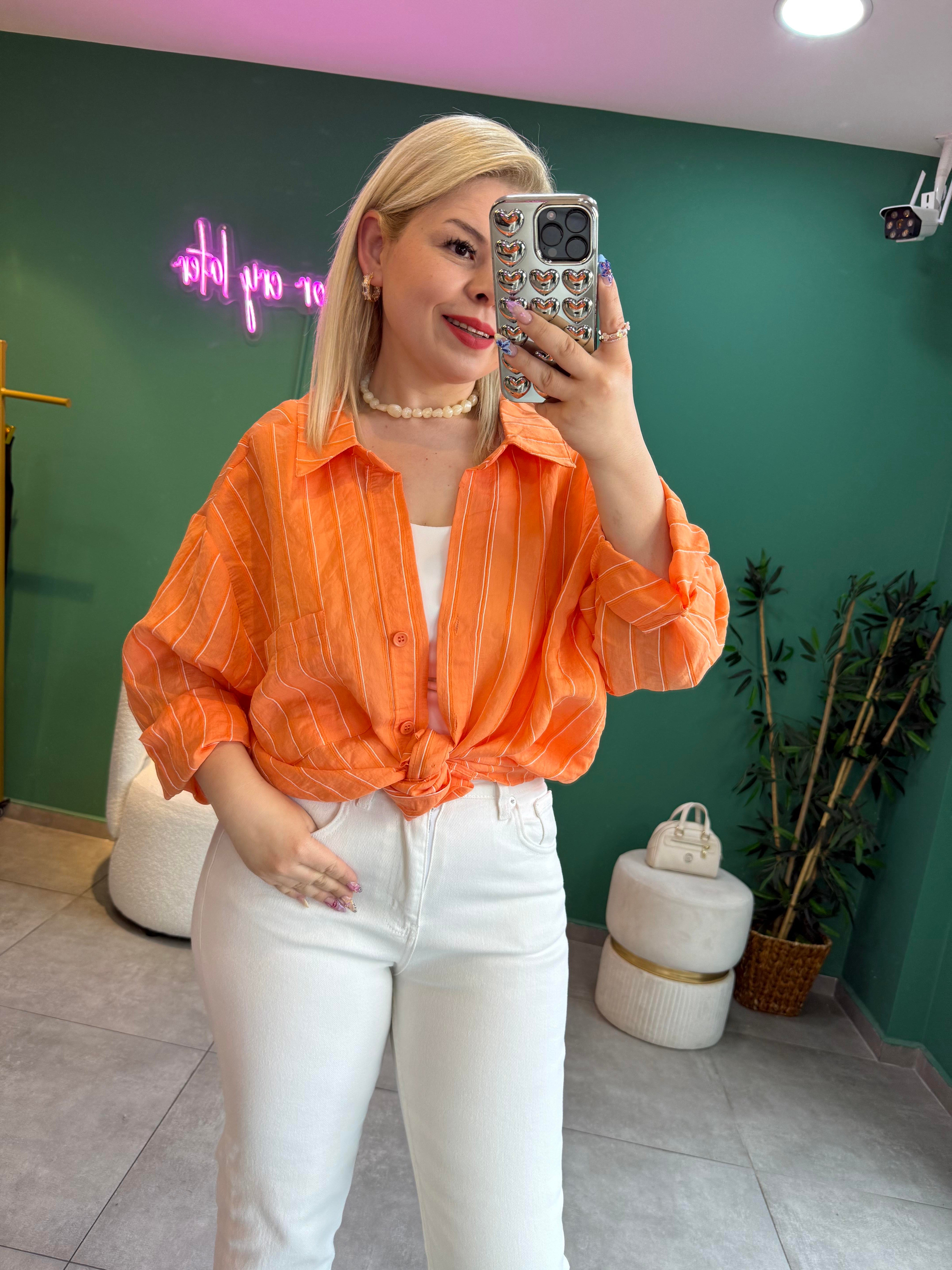 Çizgili Turuncu Oversize Gömlek