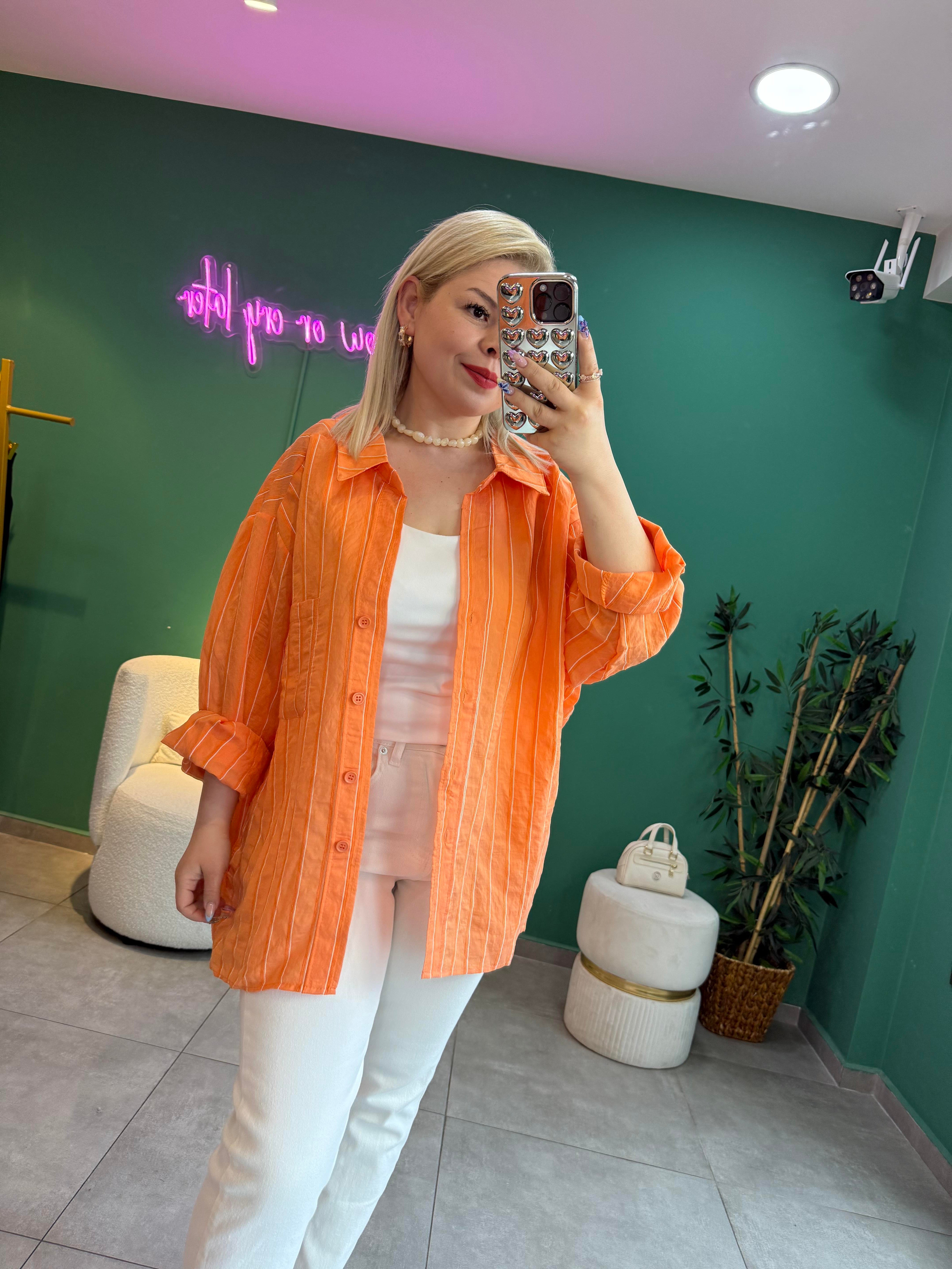 Çizgili Turuncu Oversize Gömlek