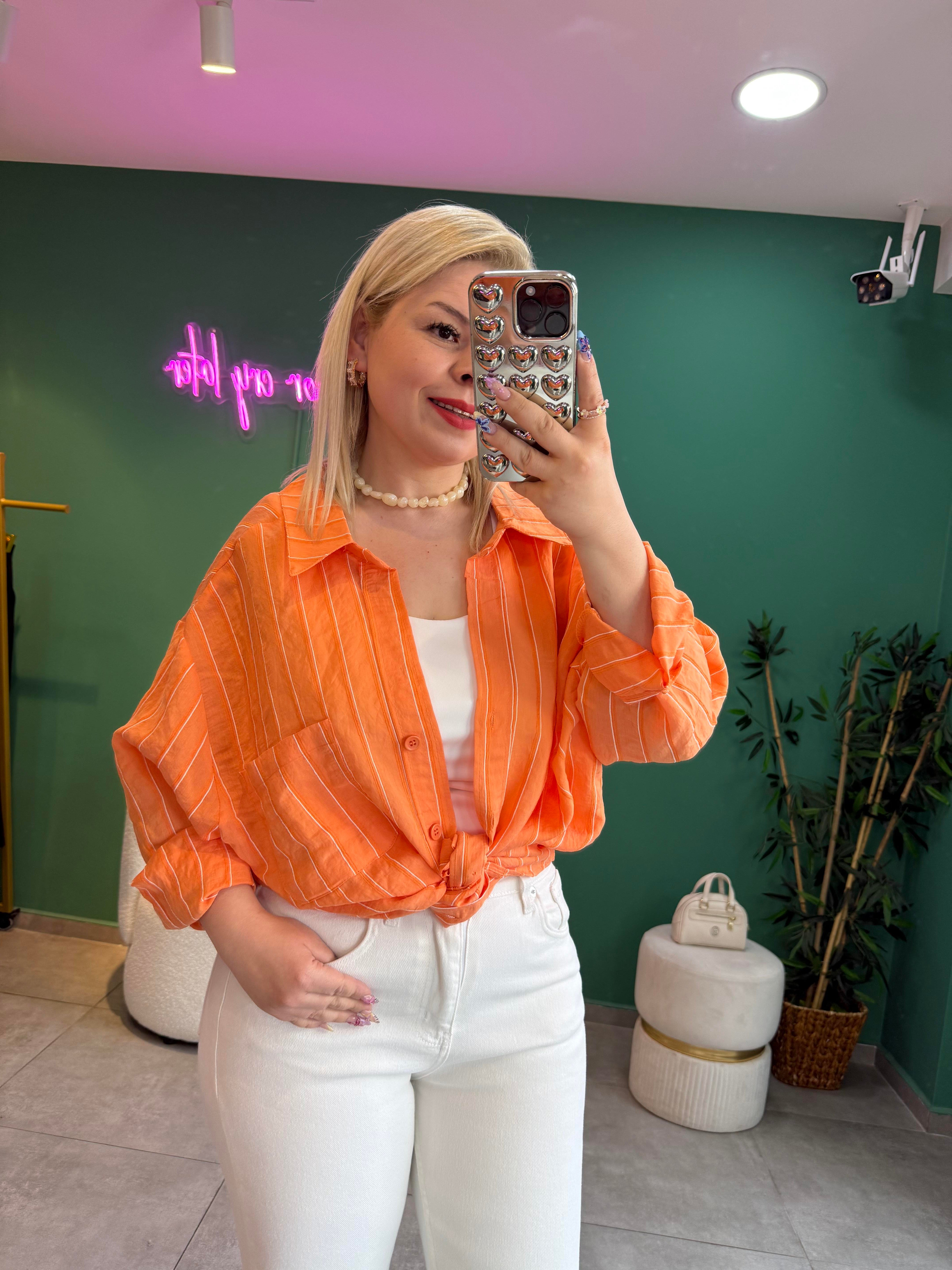 Çizgili Turuncu Oversize Gömlek
