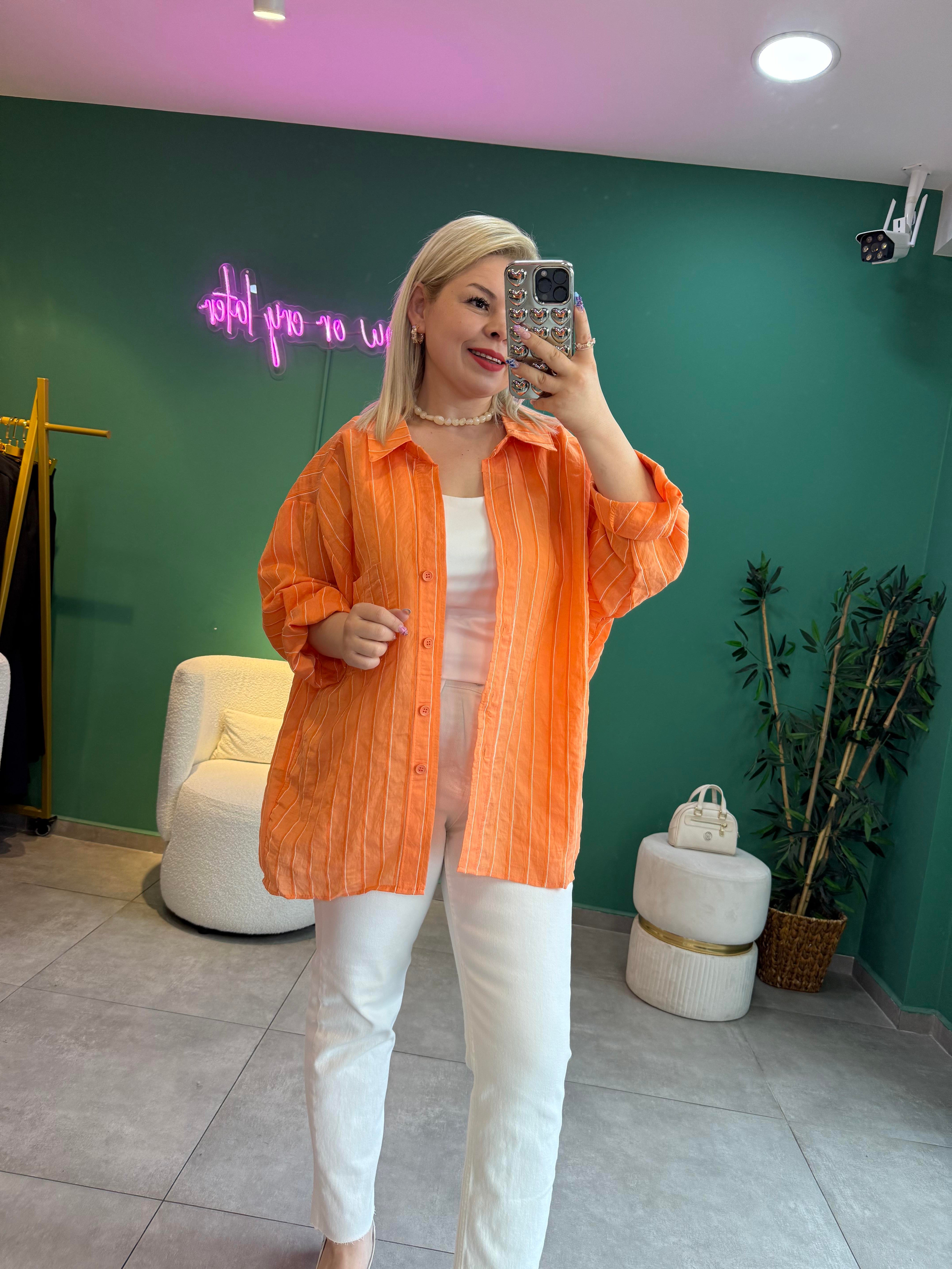 Çizgili Turuncu Oversize Gömlek