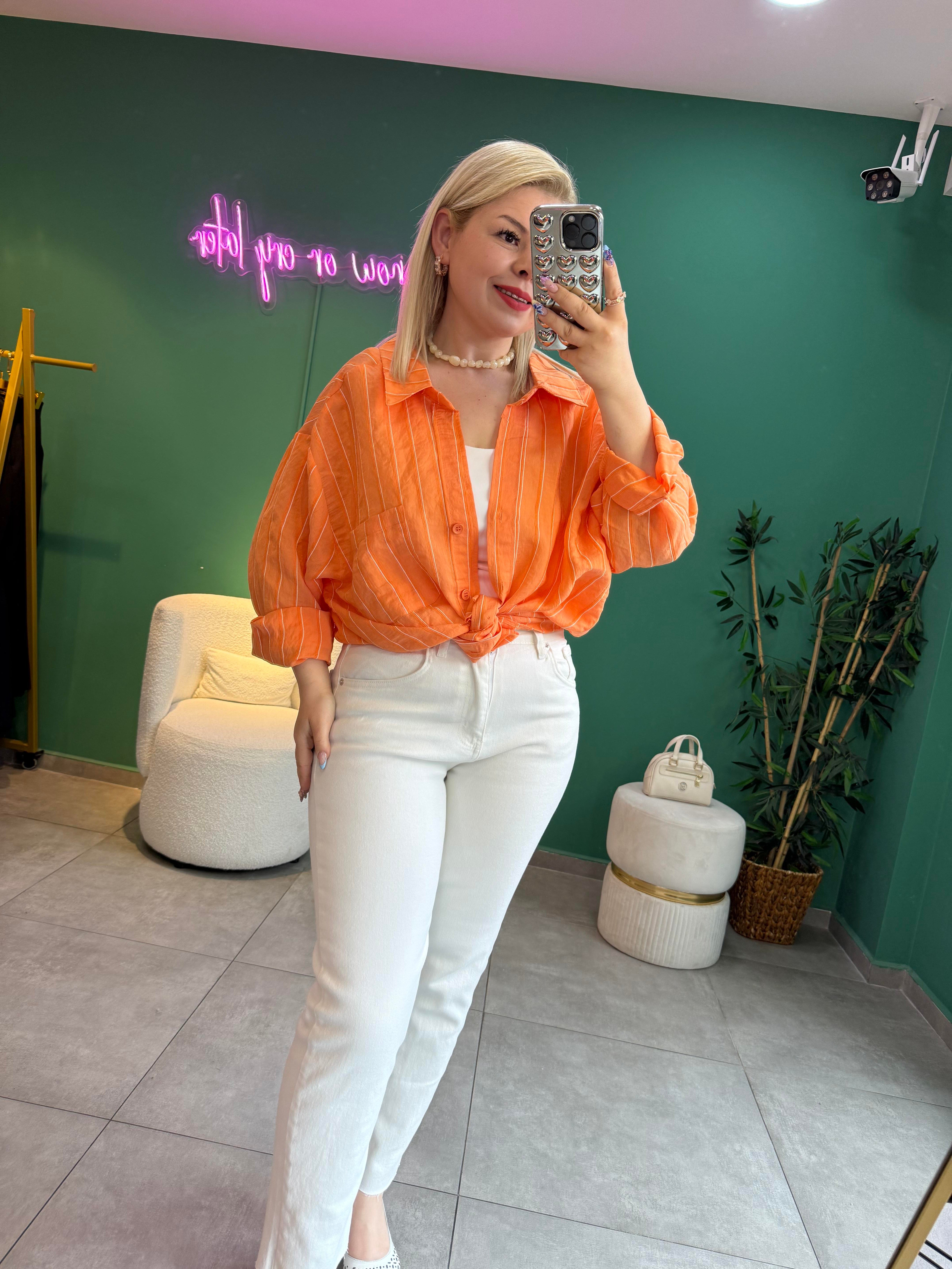 Çizgili Turuncu Oversize Gömlek