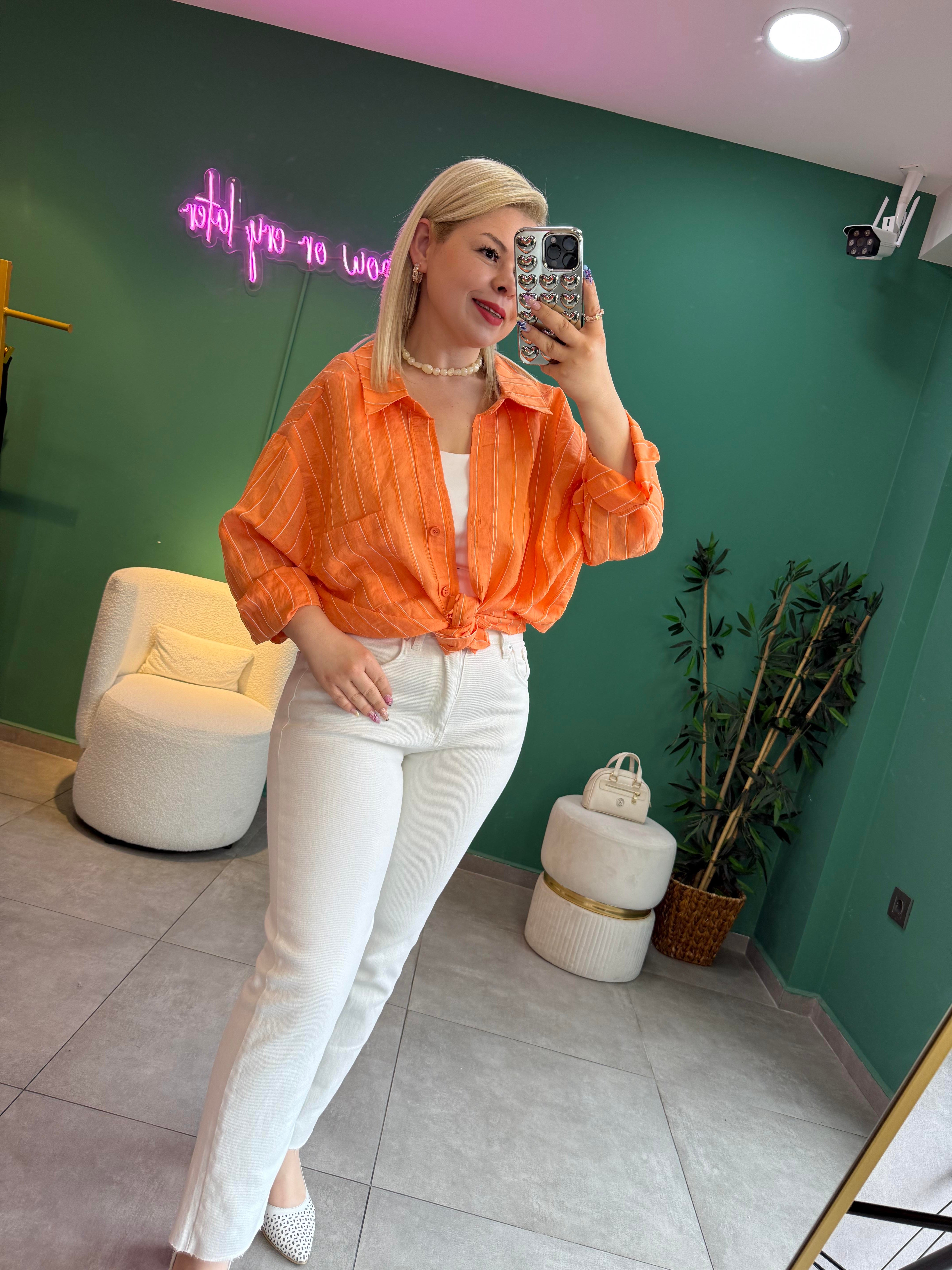 Çizgili Turuncu Oversize Gömlek