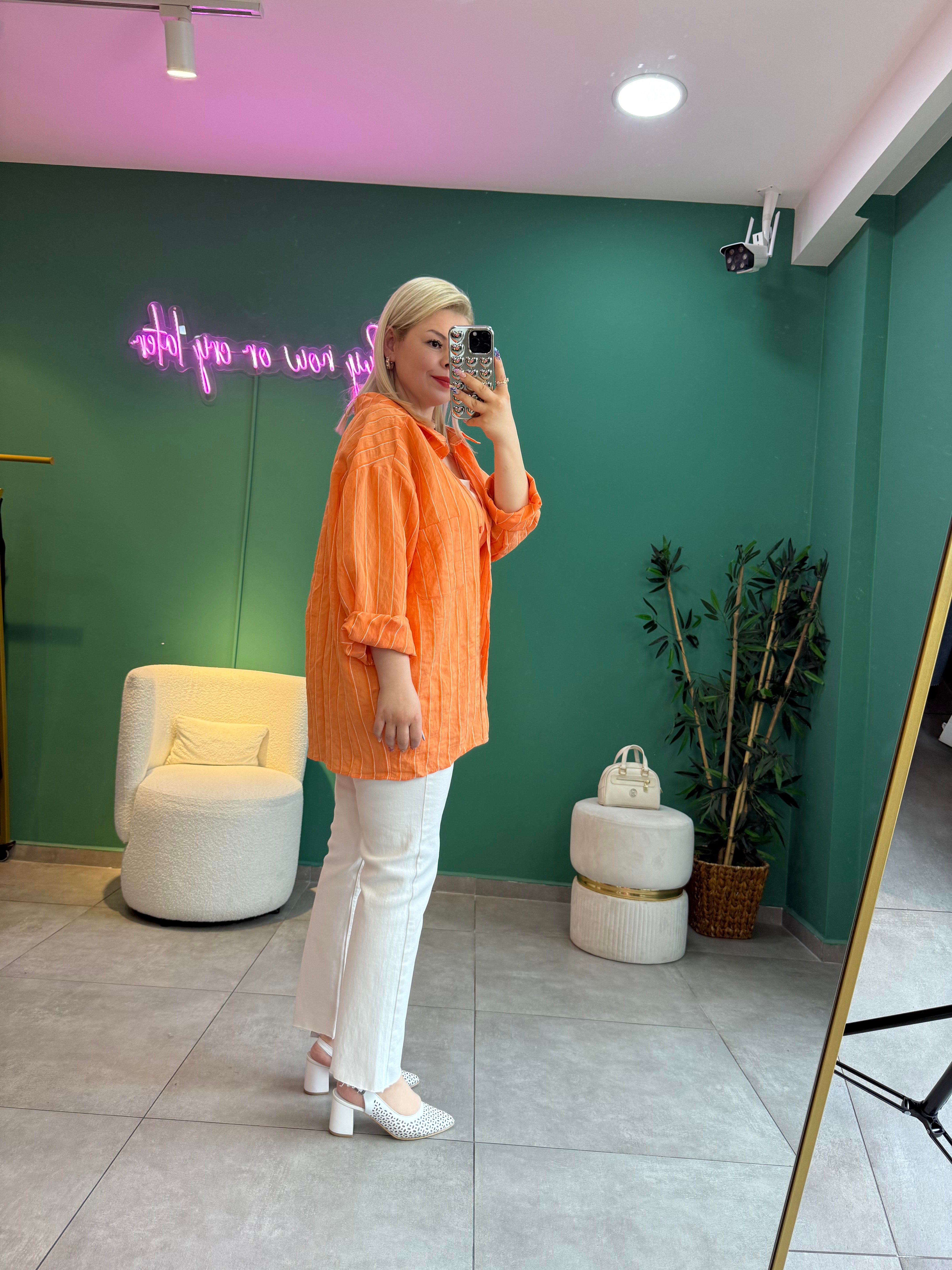 Çizgili Turuncu Oversize Gömlek