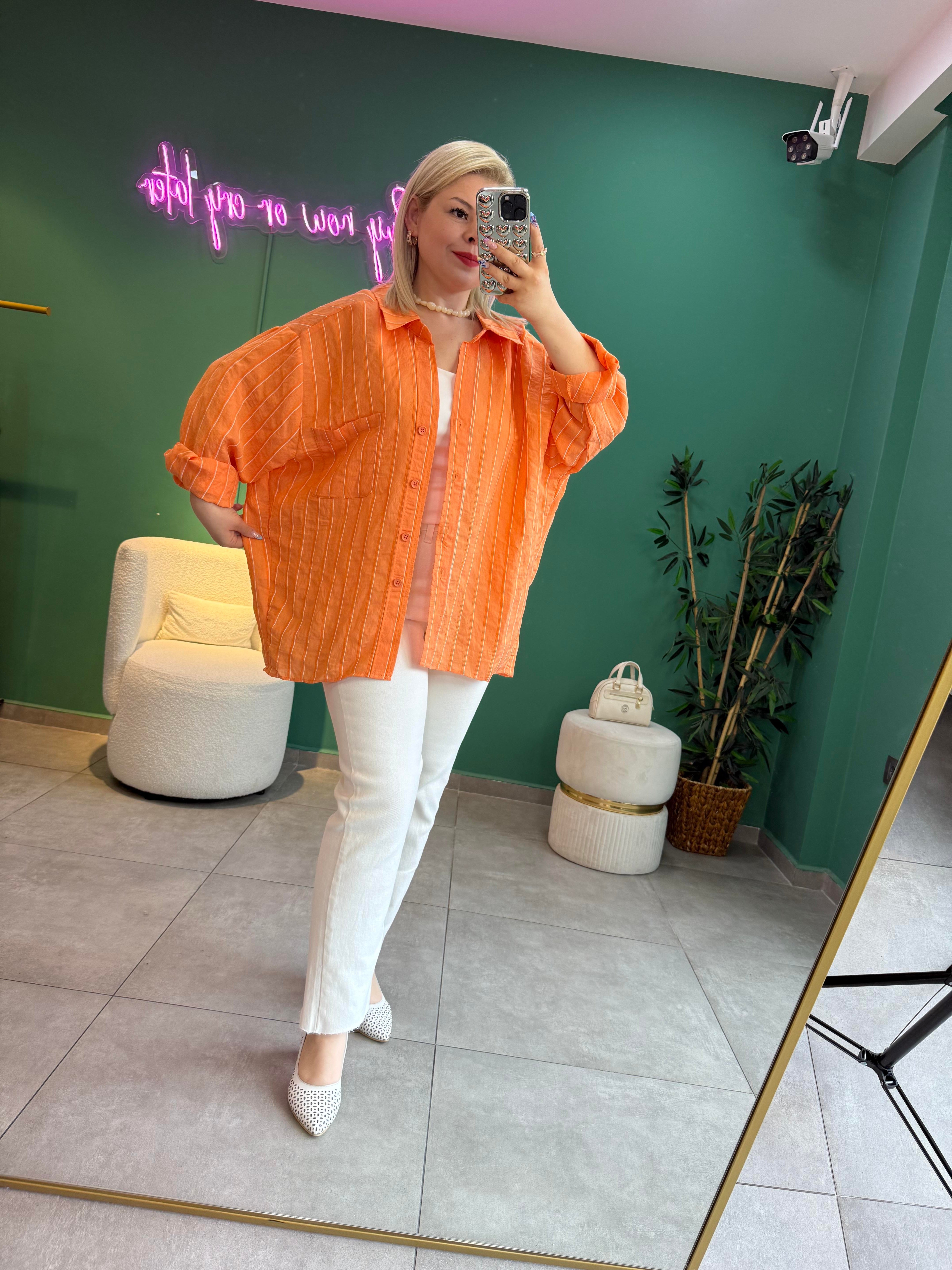 Çizgili Turuncu Oversize Gömlek