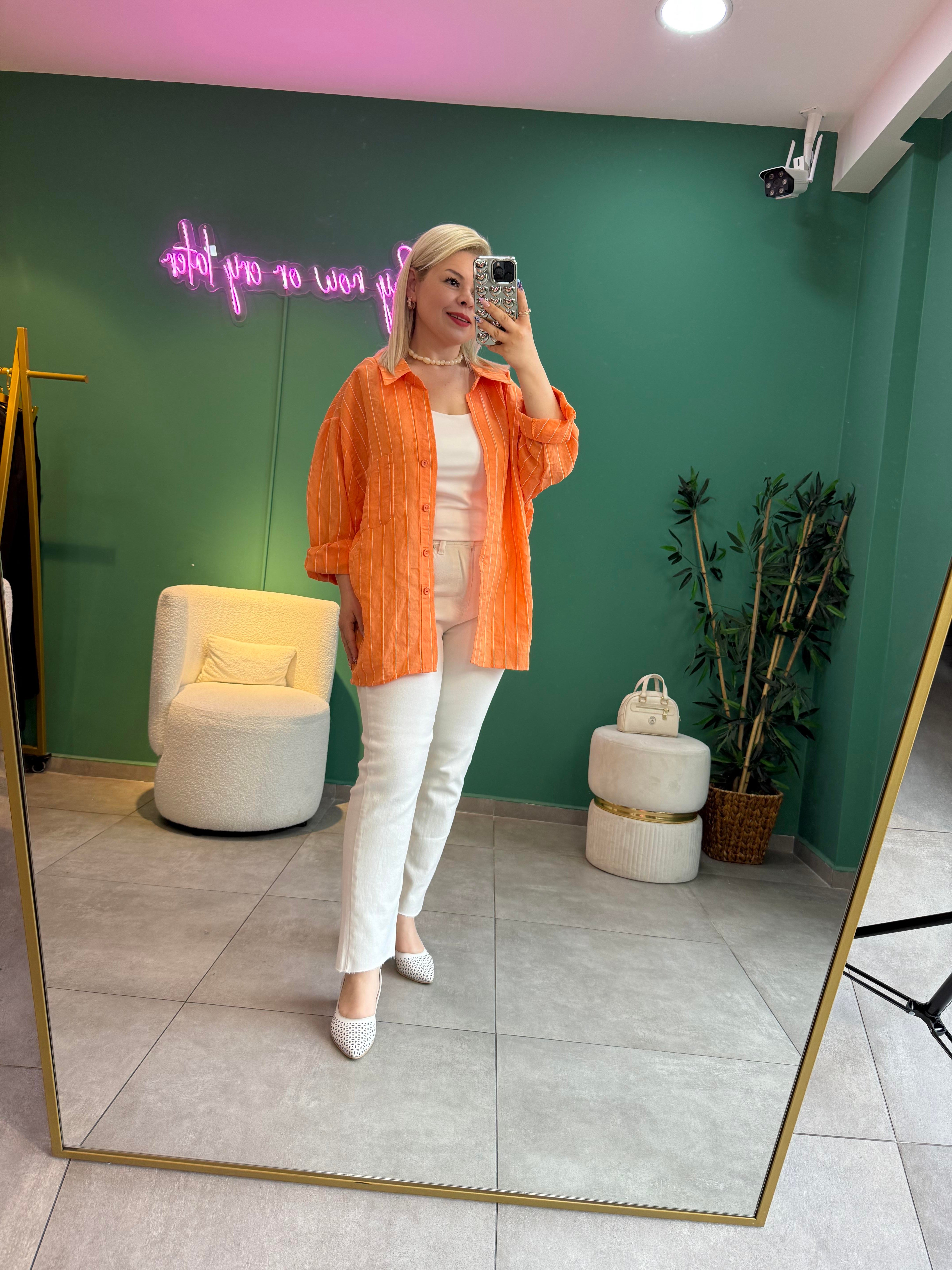 Çizgili Turuncu Oversize Gömlek