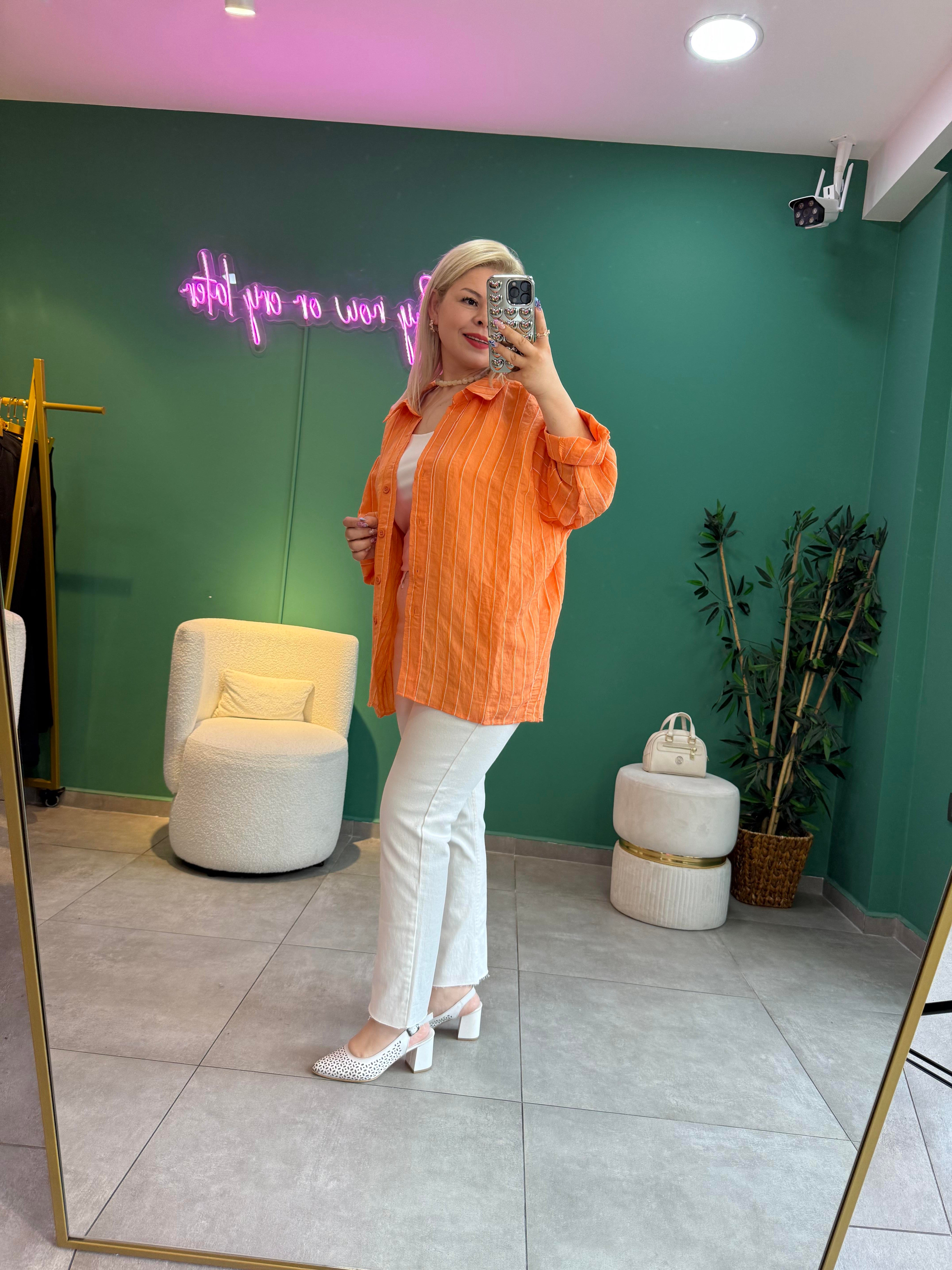 Çizgili Turuncu Oversize Gömlek