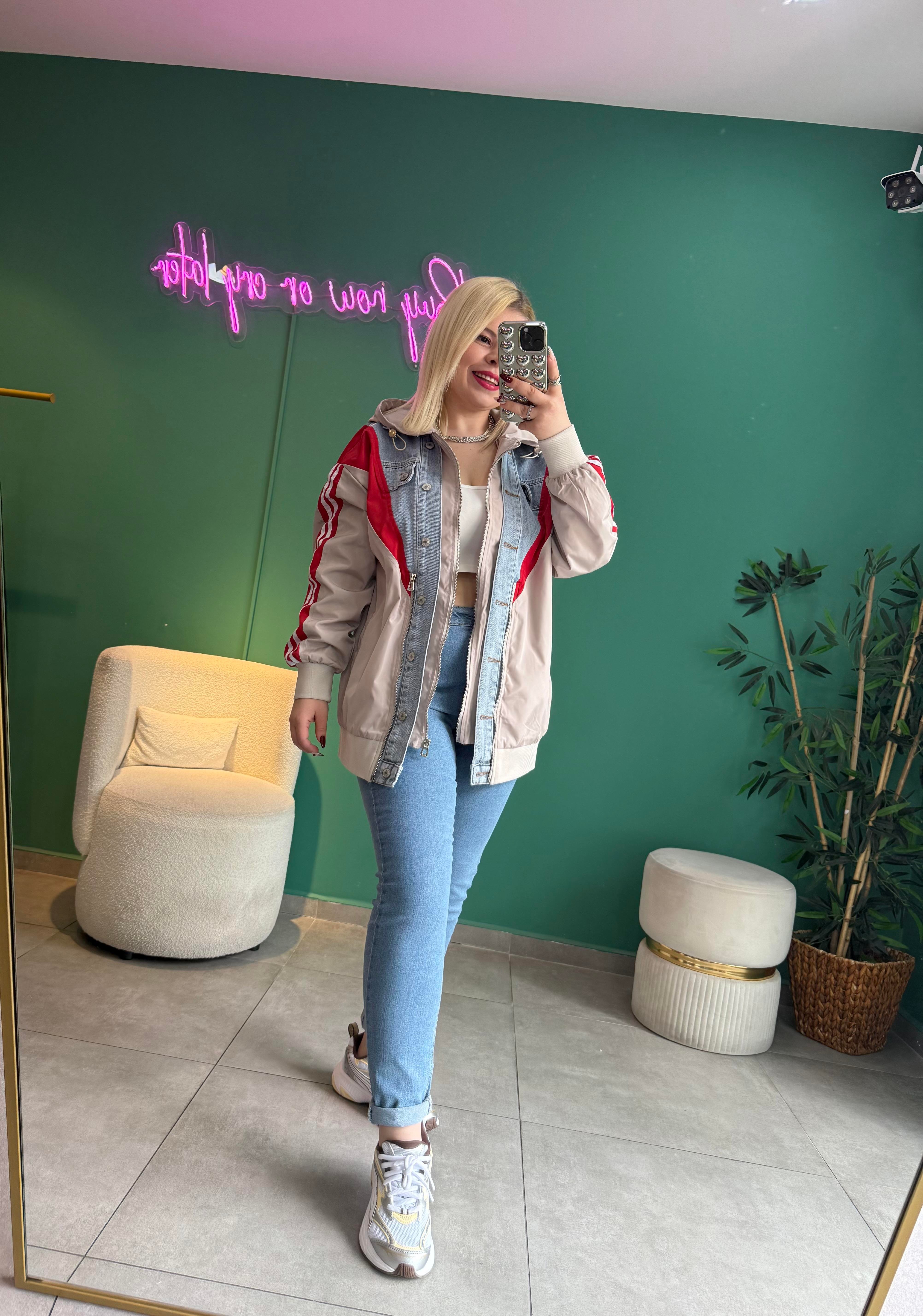 Denim Detaylı Tasarım Kırmızı Bomber Ceket