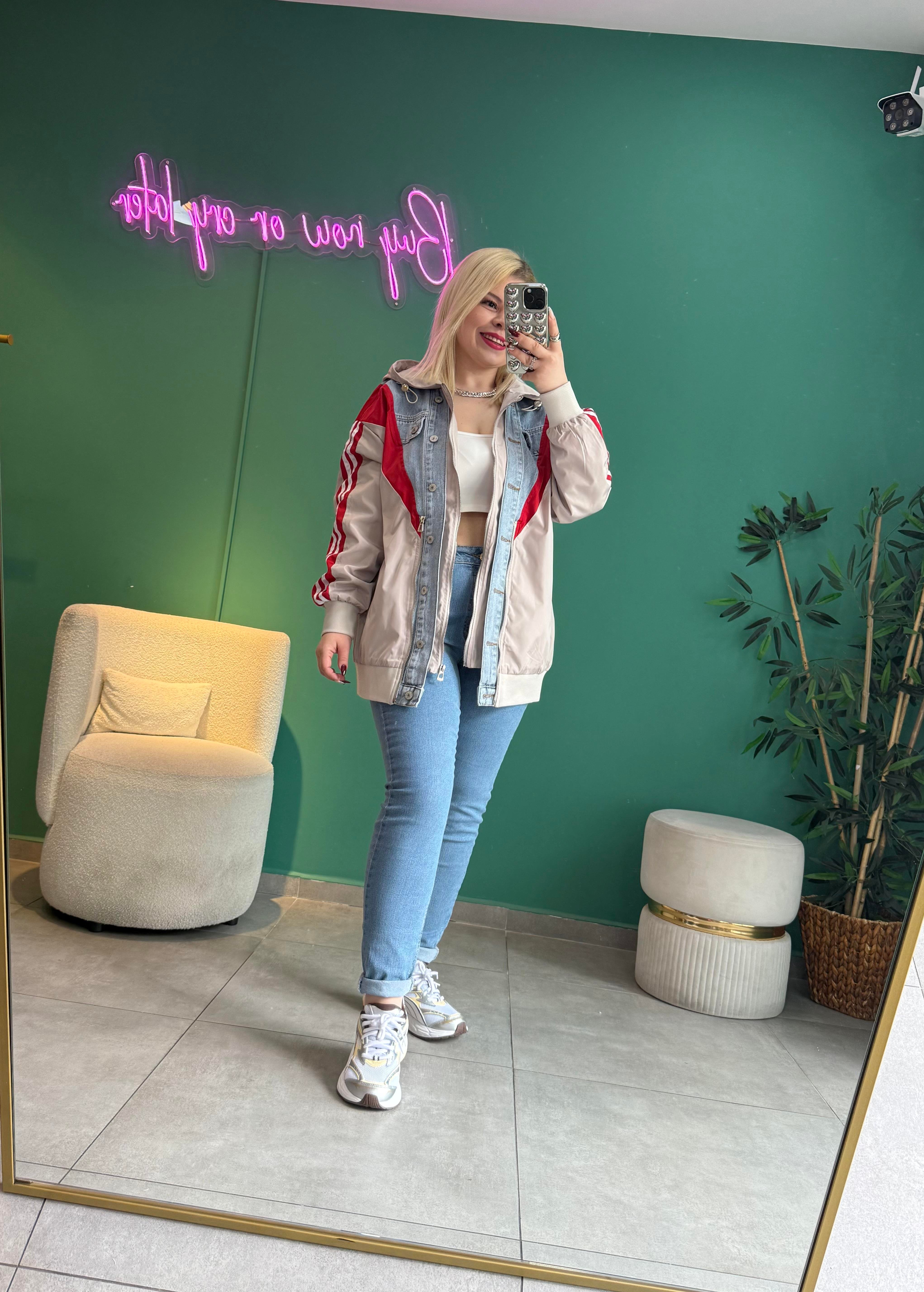 Denim Detaylı Tasarım Kırmızı Bomber Ceket