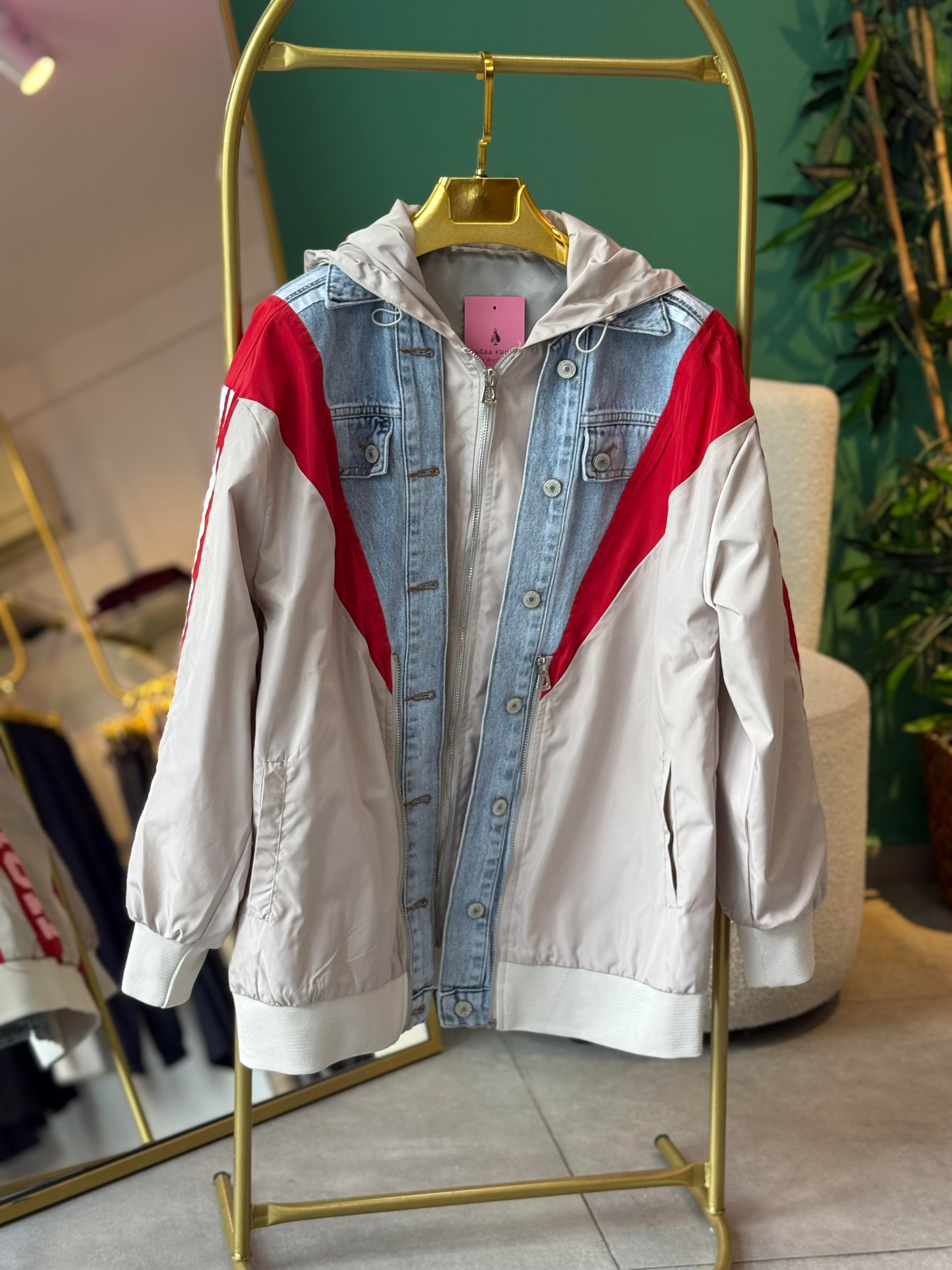 Denim Detaylı Tasarım Kırmızı Bomber Ceket