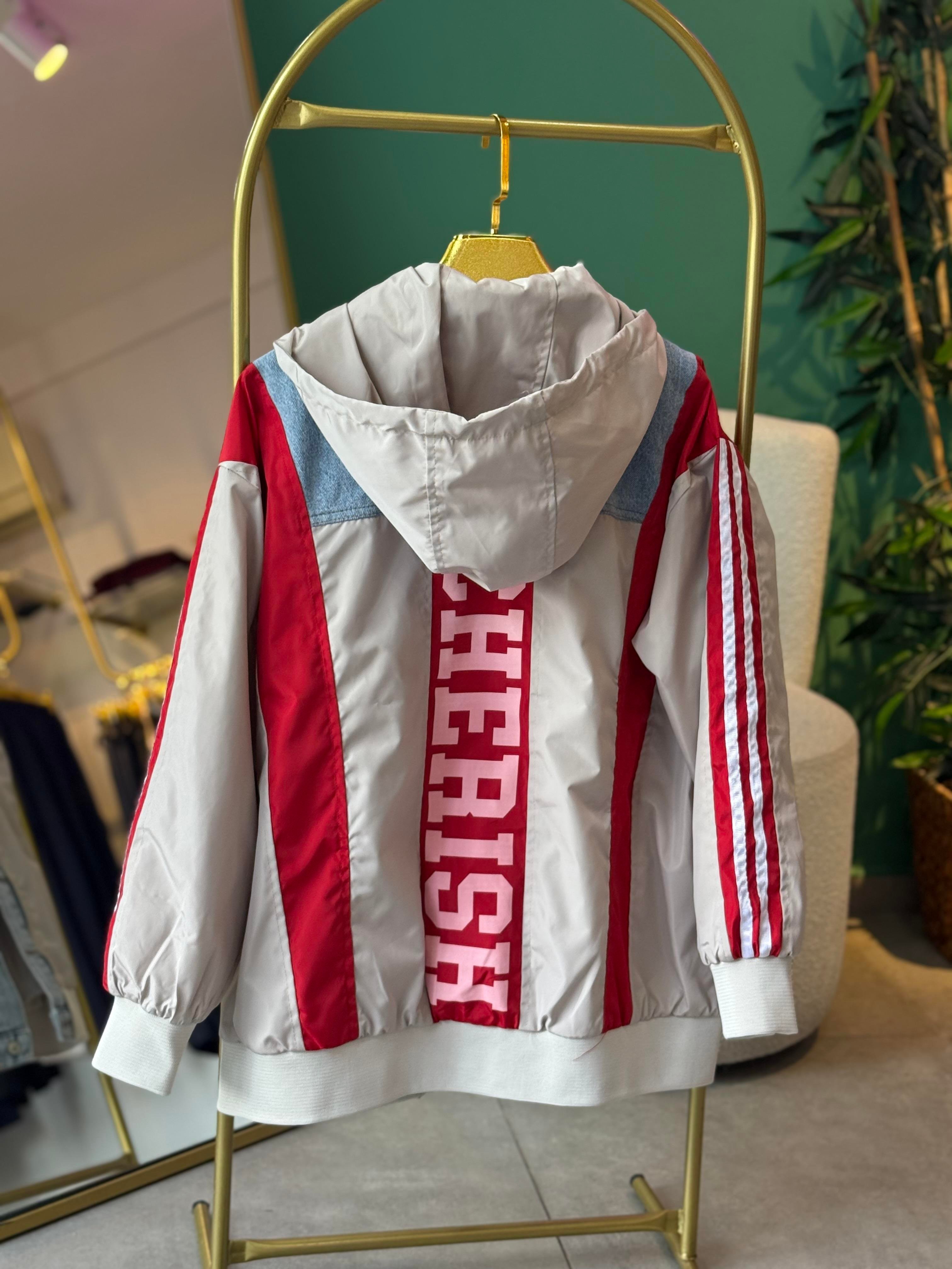 Denim Detaylı Tasarım Kırmızı Bomber Ceket