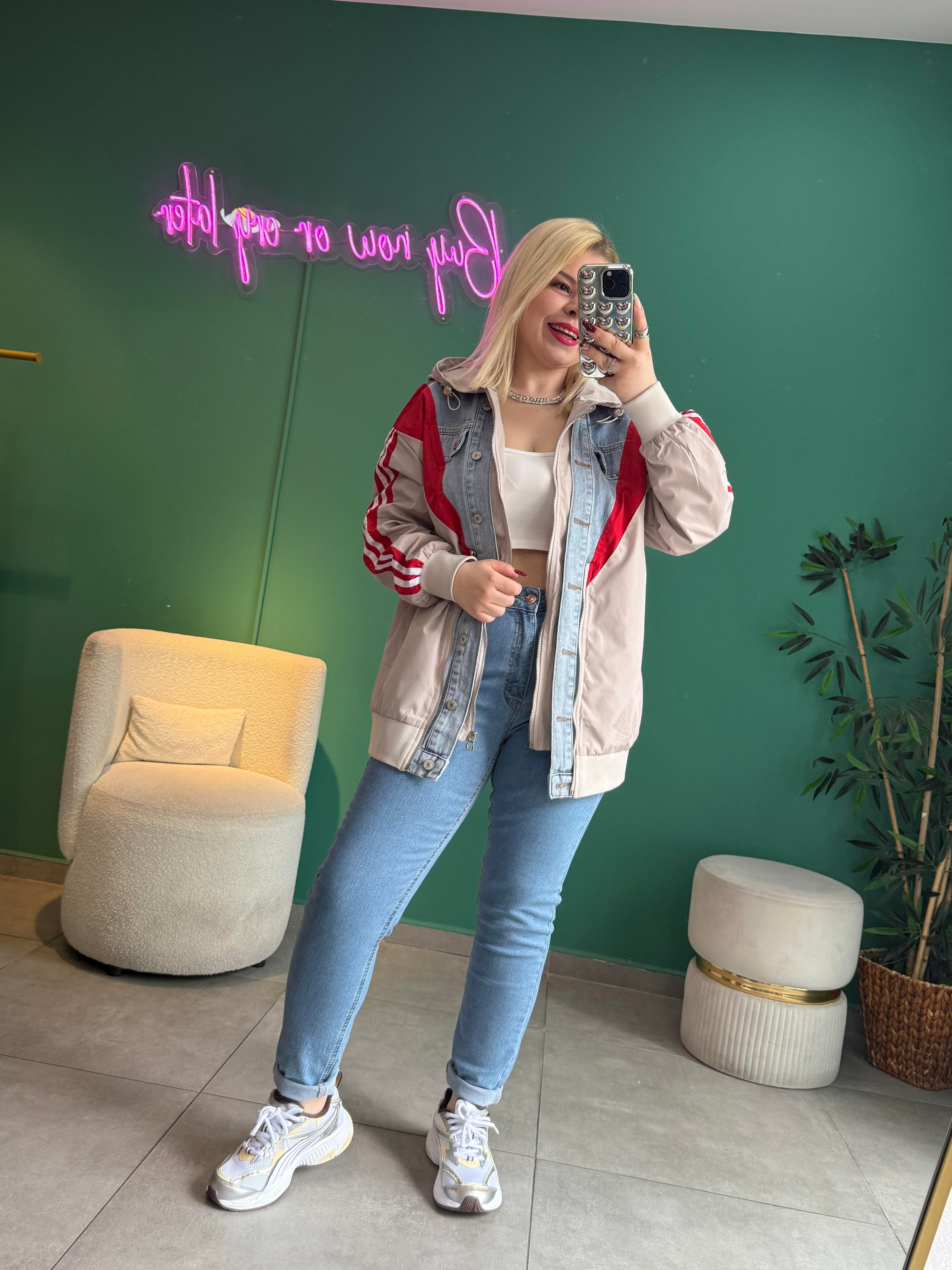 Denim Detaylı Tasarım Kırmızı Bomber Ceket
