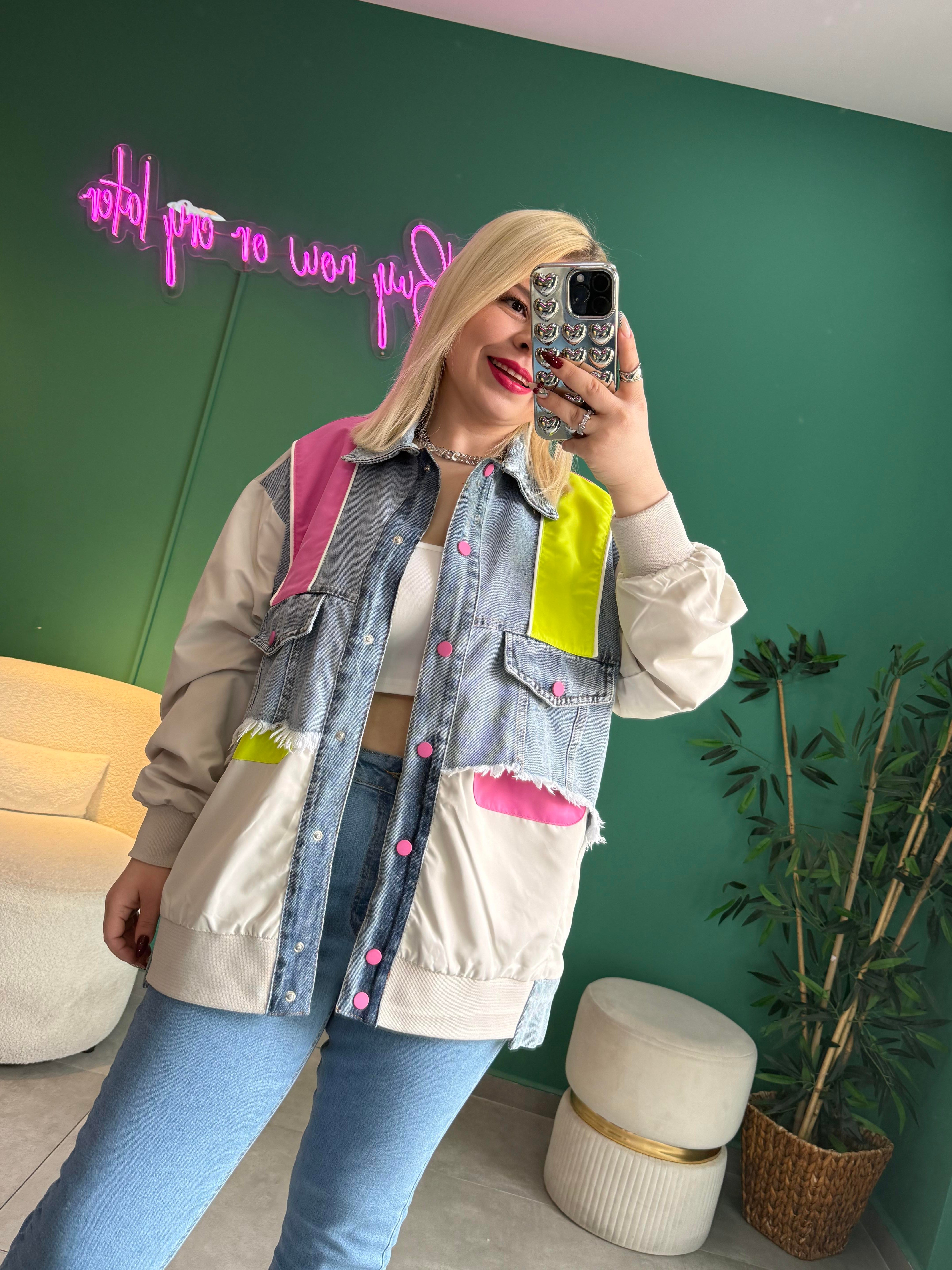 Denim Detaylı Tasarım Pembe Bomber Ceket