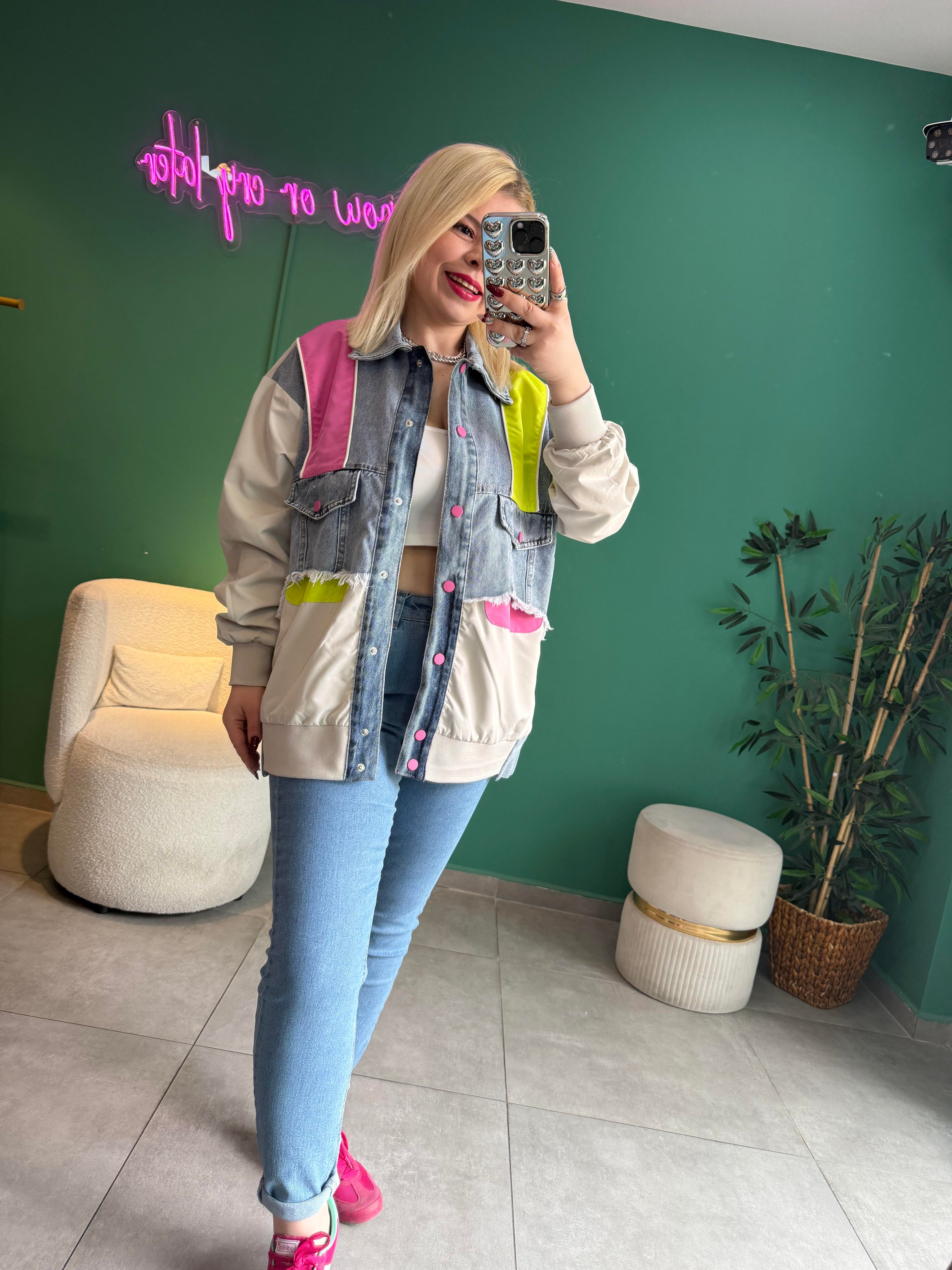Denim Detaylı Tasarım Pembe Bomber Ceket