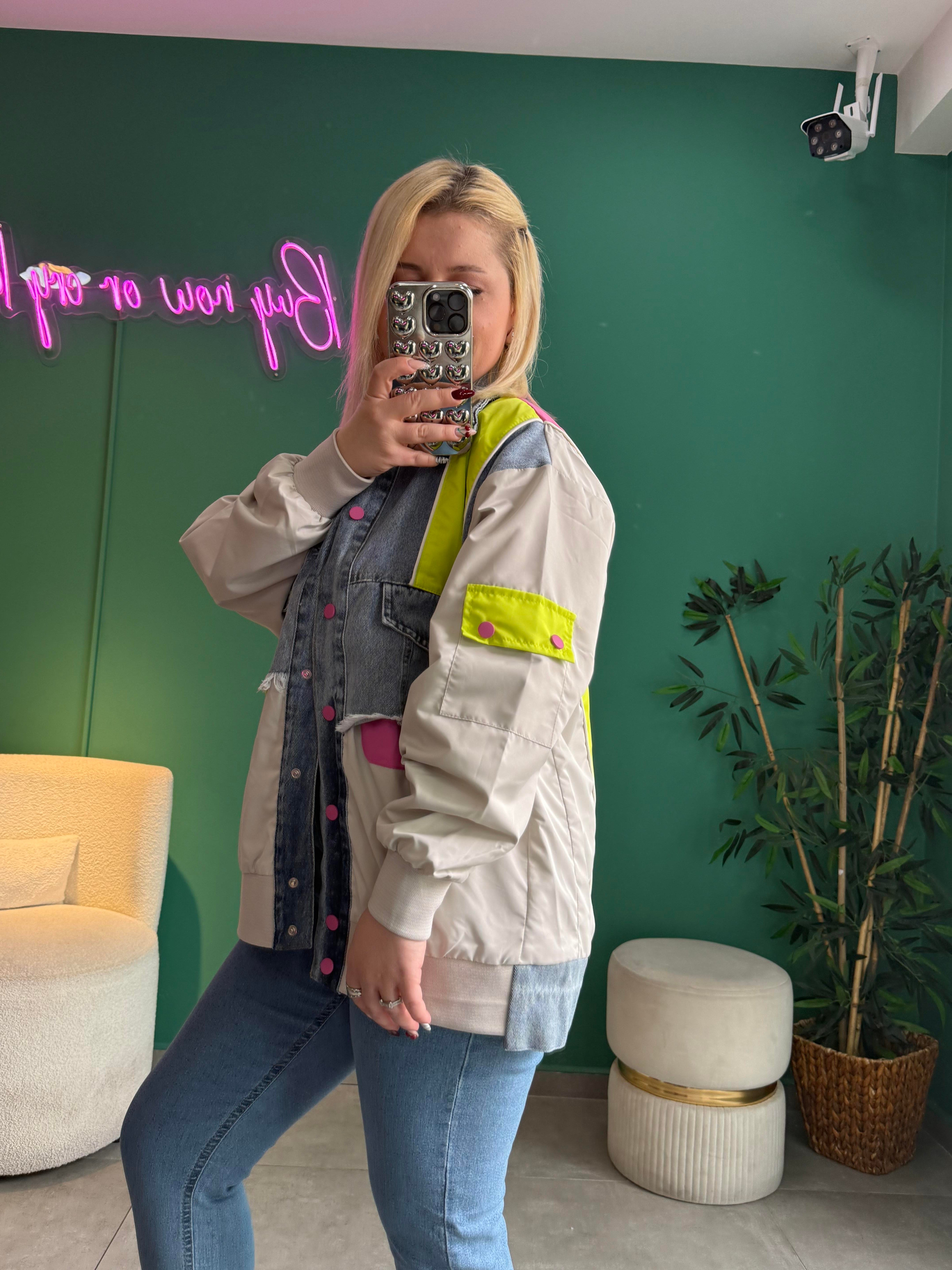 Denim Detaylı Tasarım Pembe Bomber Ceket