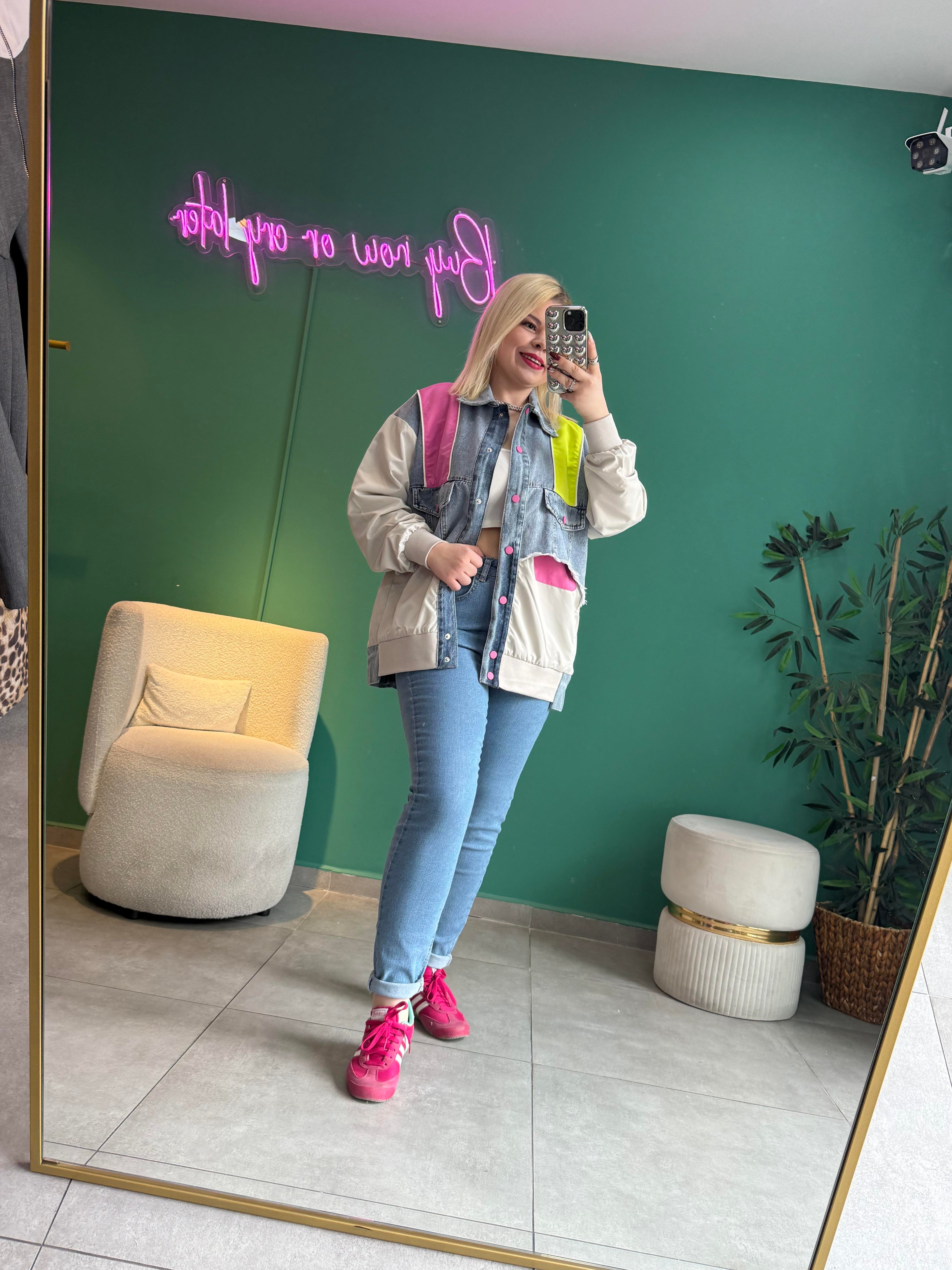Denim Detaylı Tasarım Pembe Bomber Ceket