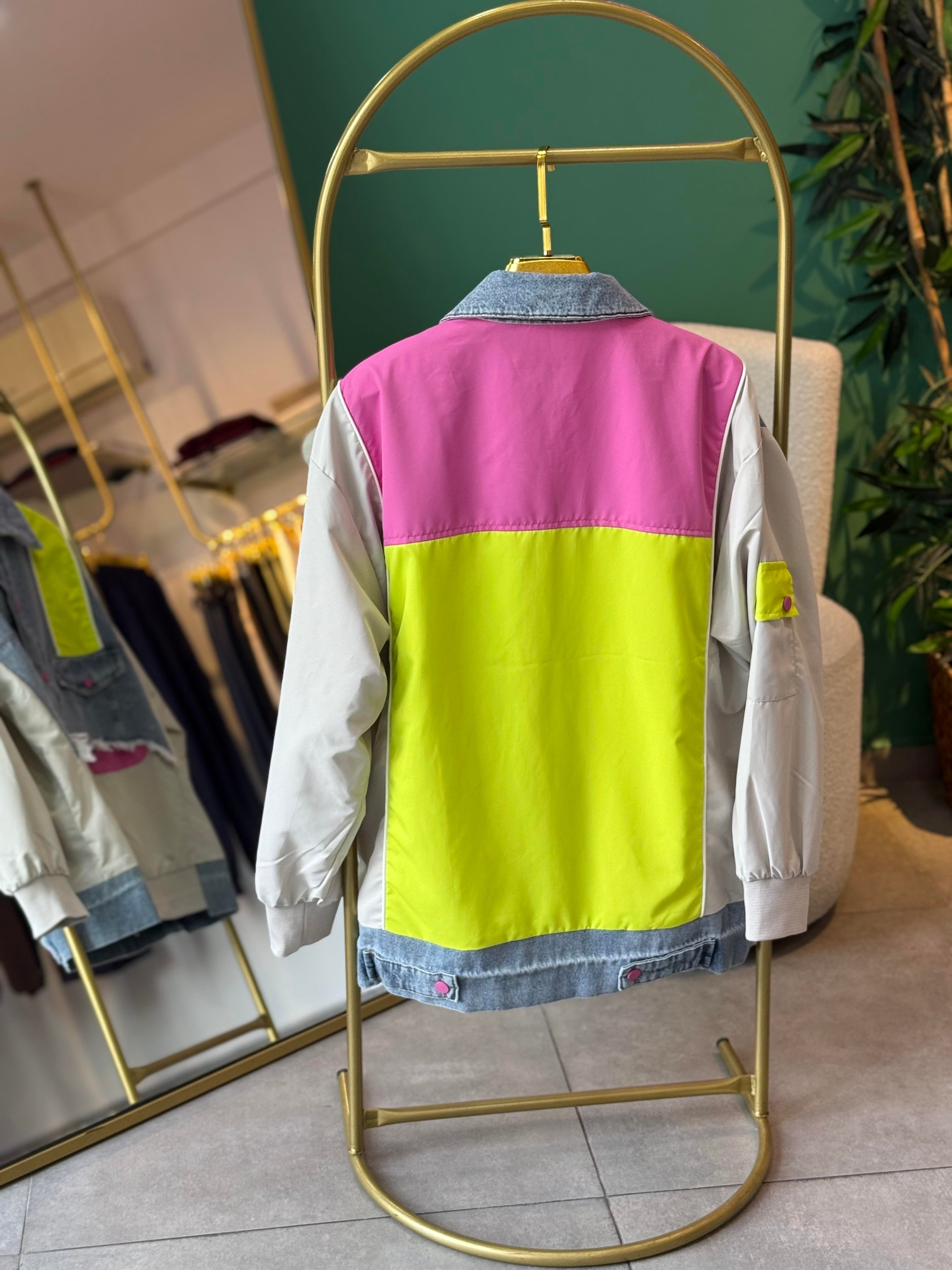 Denim Detaylı Tasarım Pembe Bomber Ceket