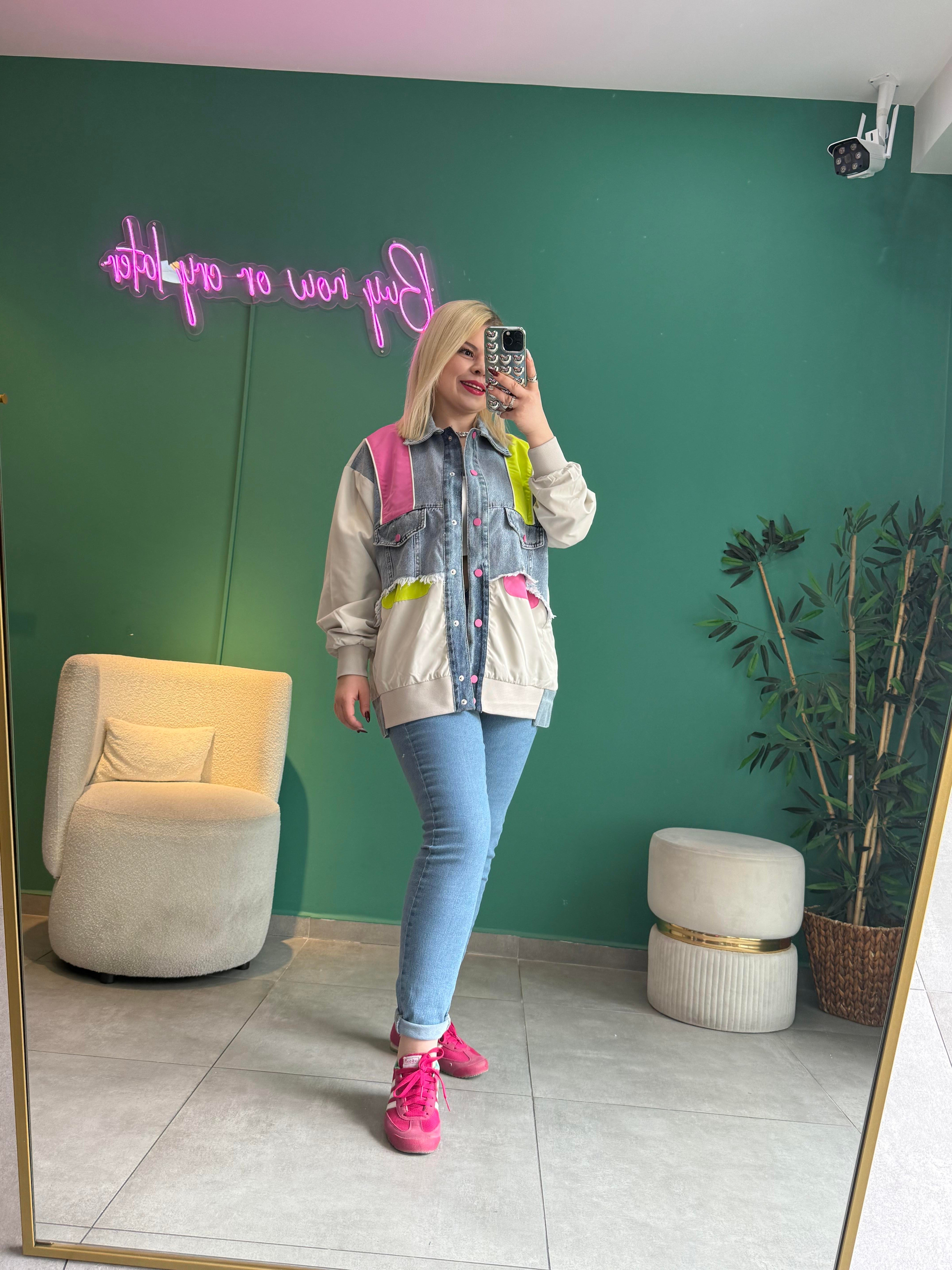 Denim Detaylı Tasarım Pembe Bomber Ceket
