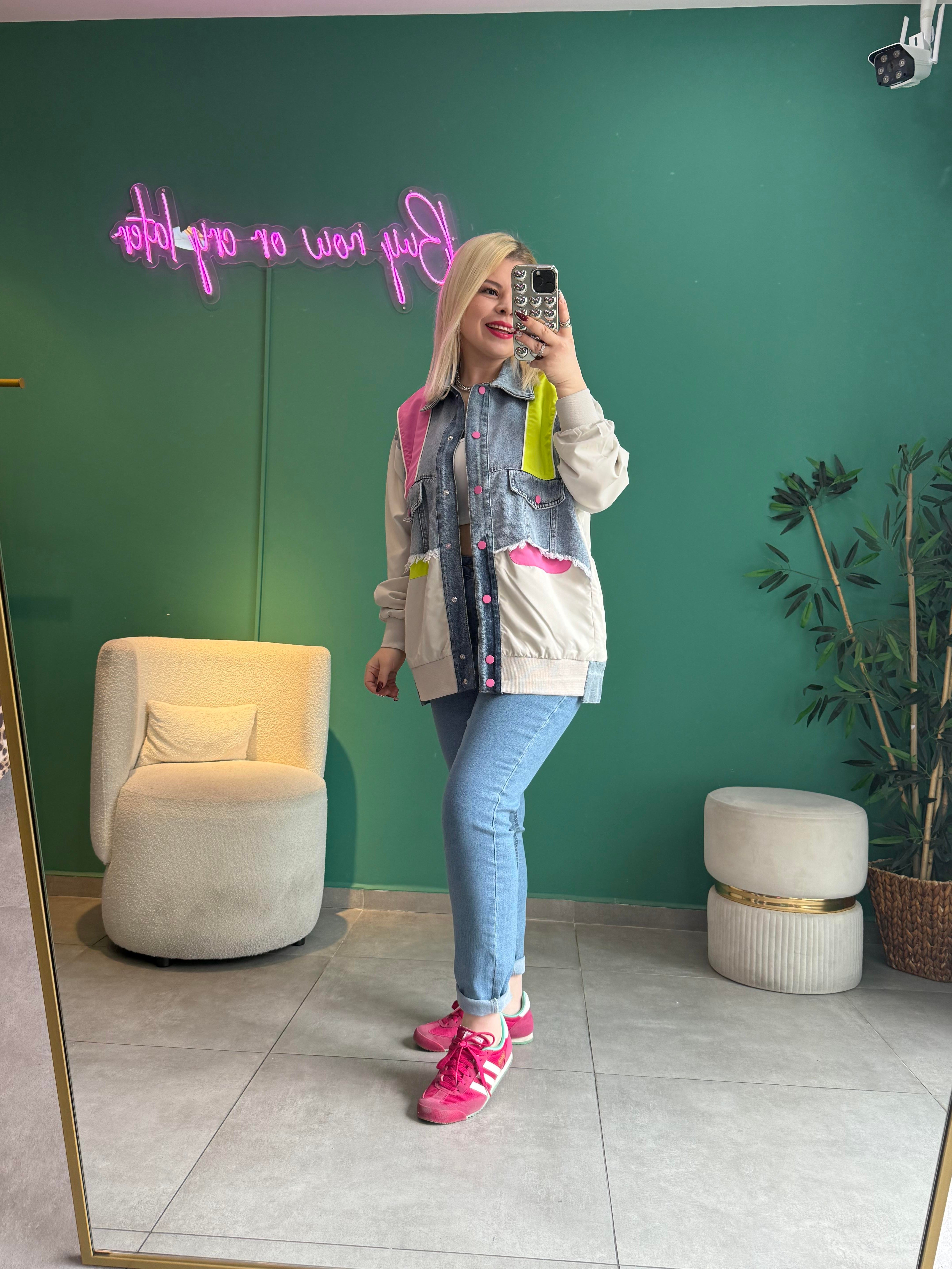 Denim Detaylı Tasarım Pembe Bomber Ceket