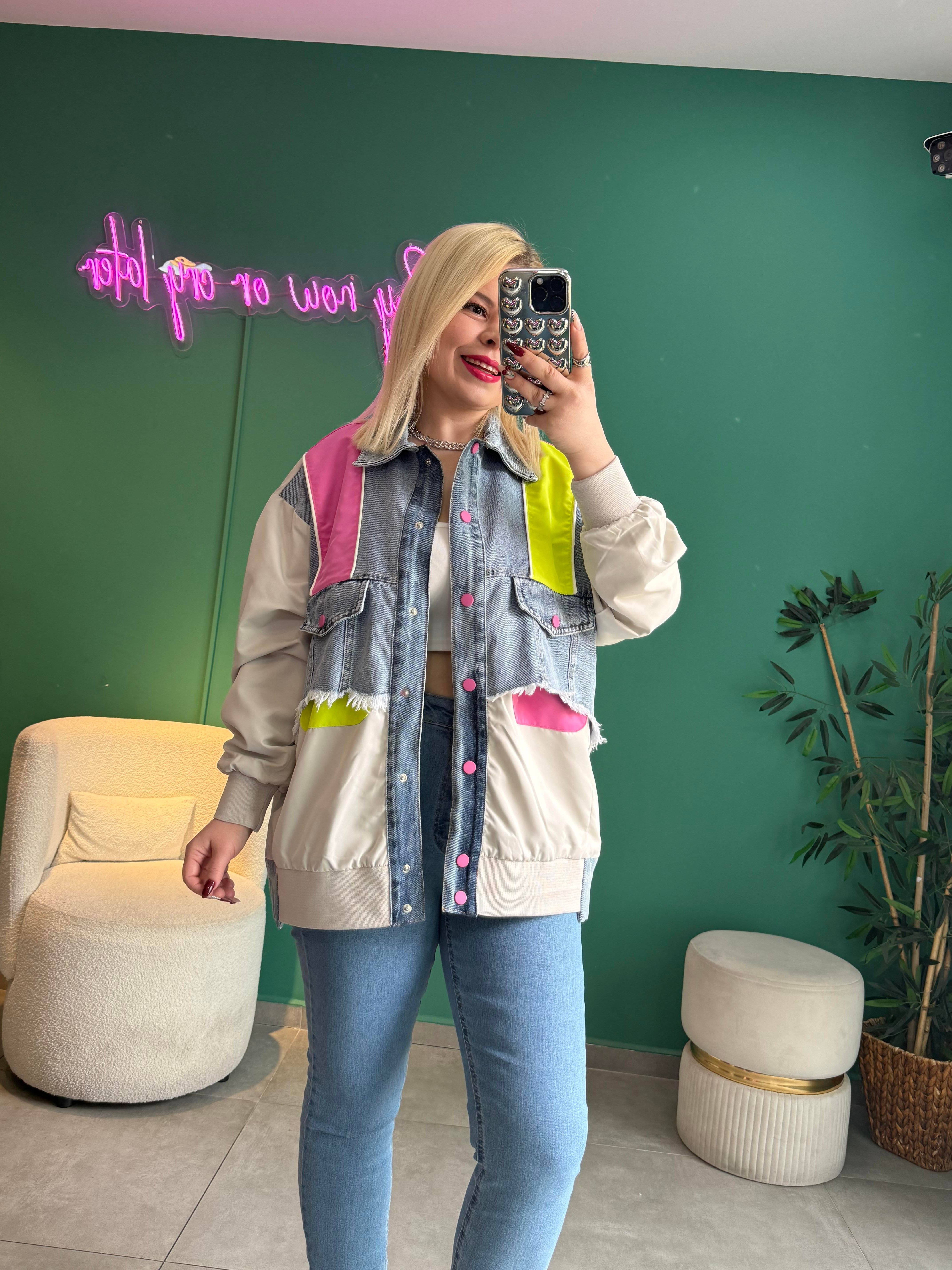 Denim Detaylı Tasarım Pembe Bomber Ceket