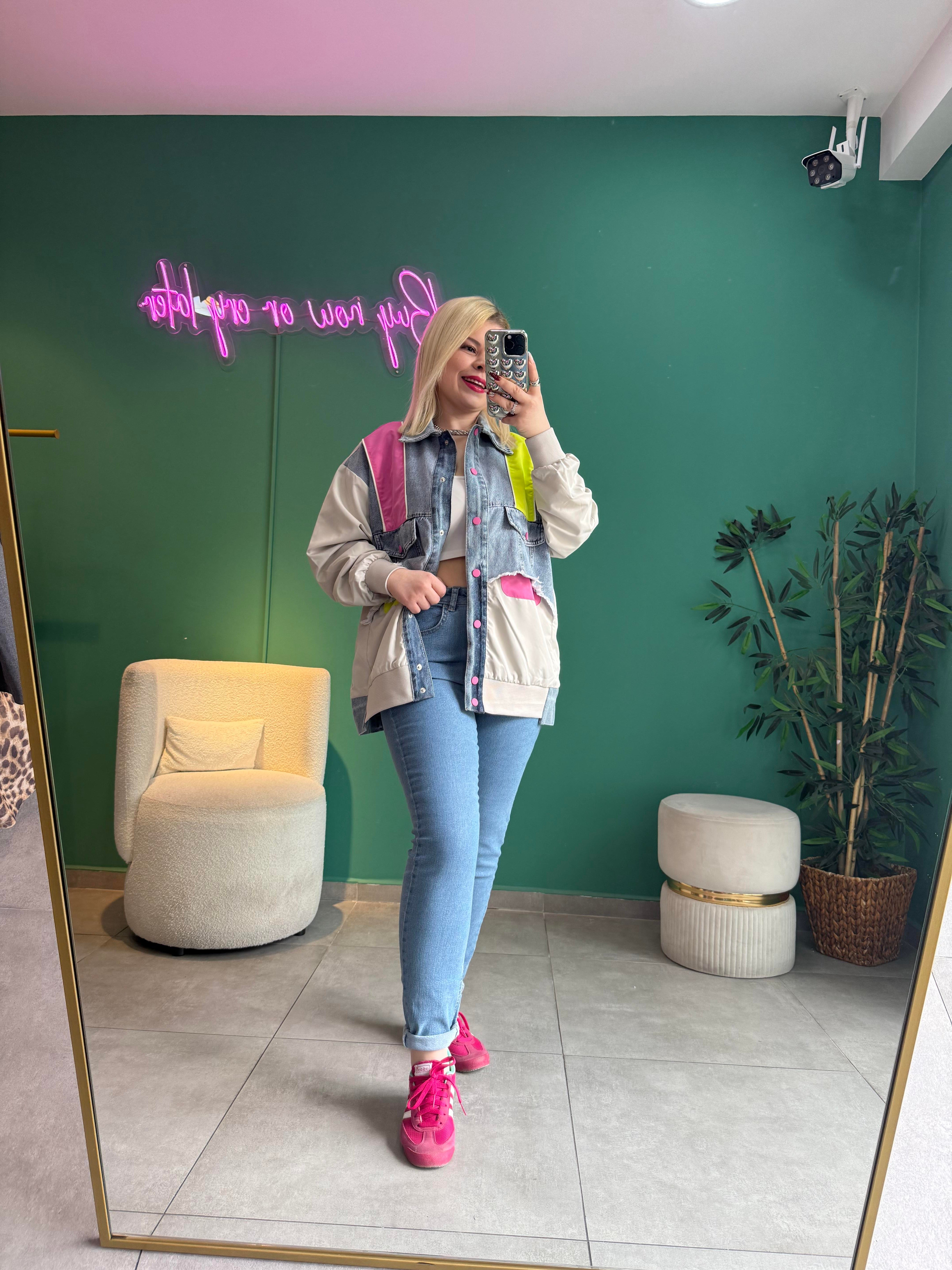 Denim Detaylı Tasarım Pembe Bomber Ceket