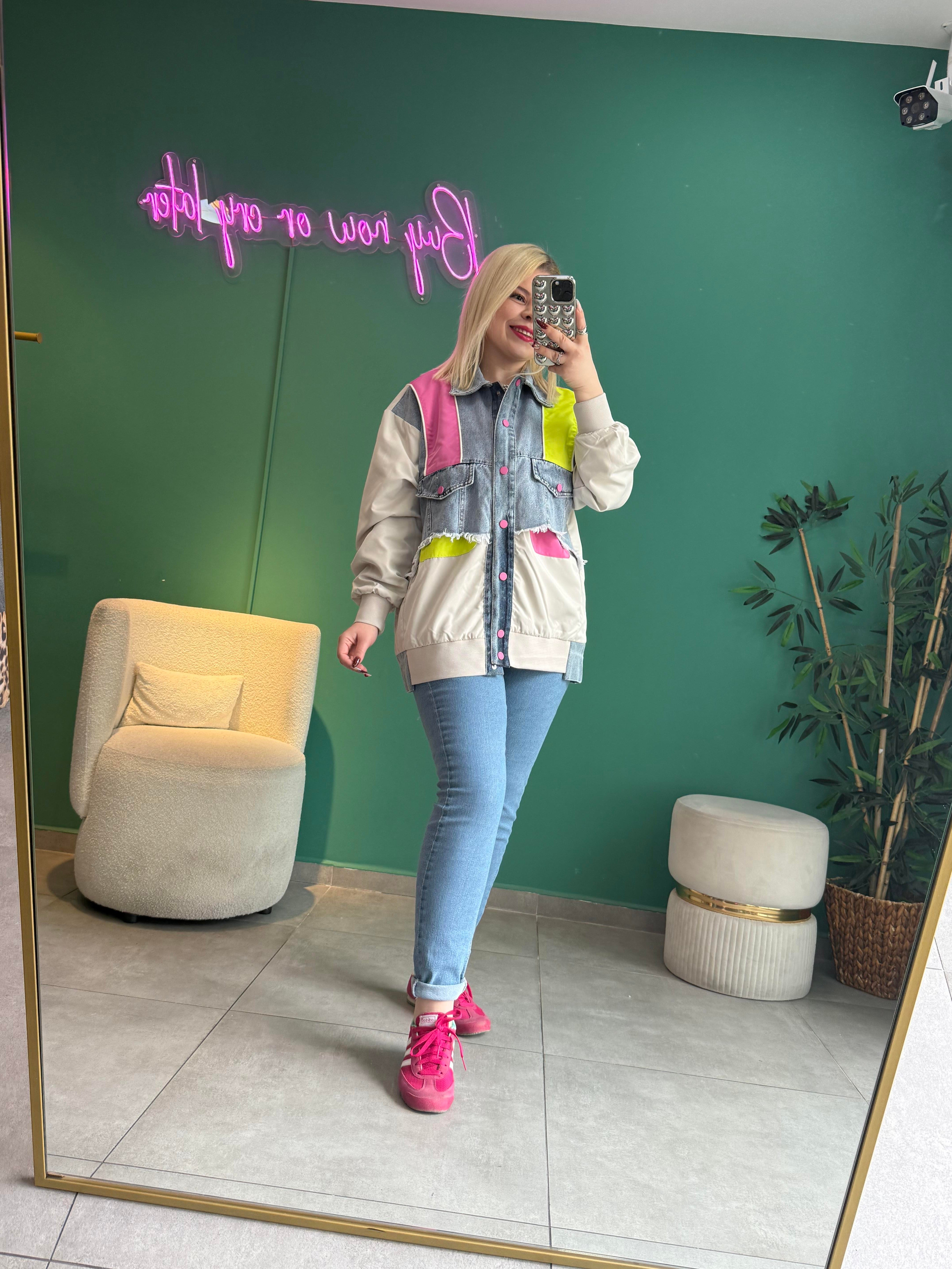 Denim Detaylı Tasarım Pembe Bomber Ceket
