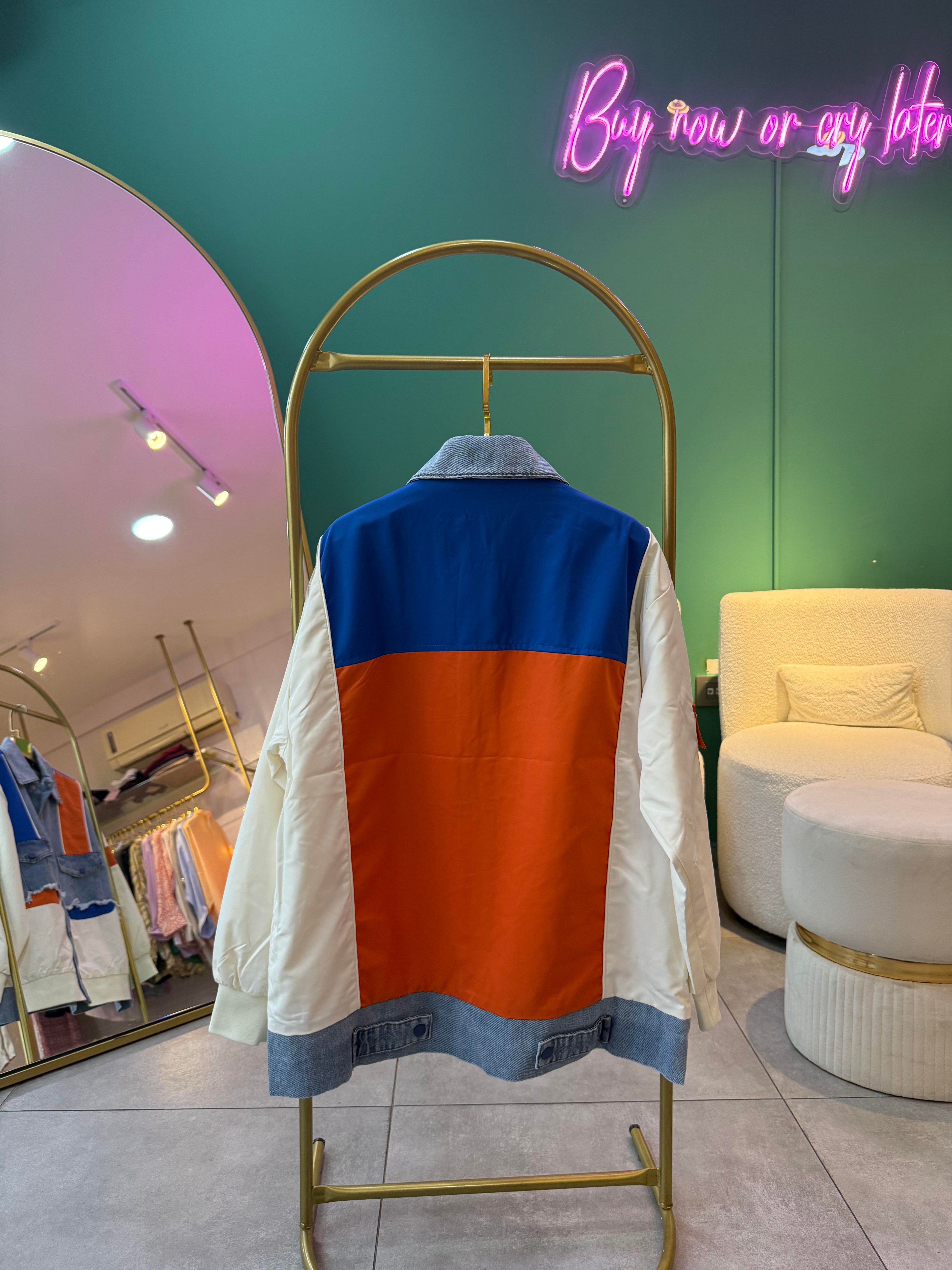 Denim Detaylı Tasarım Saks Mavi Bomber Ceket