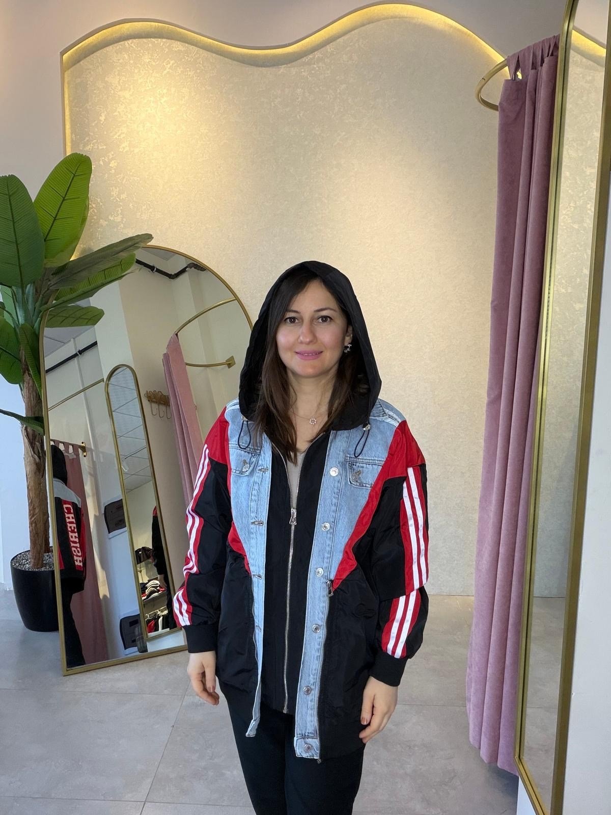 Denim Detaylı Tasarım Siyah Bomber Ceket