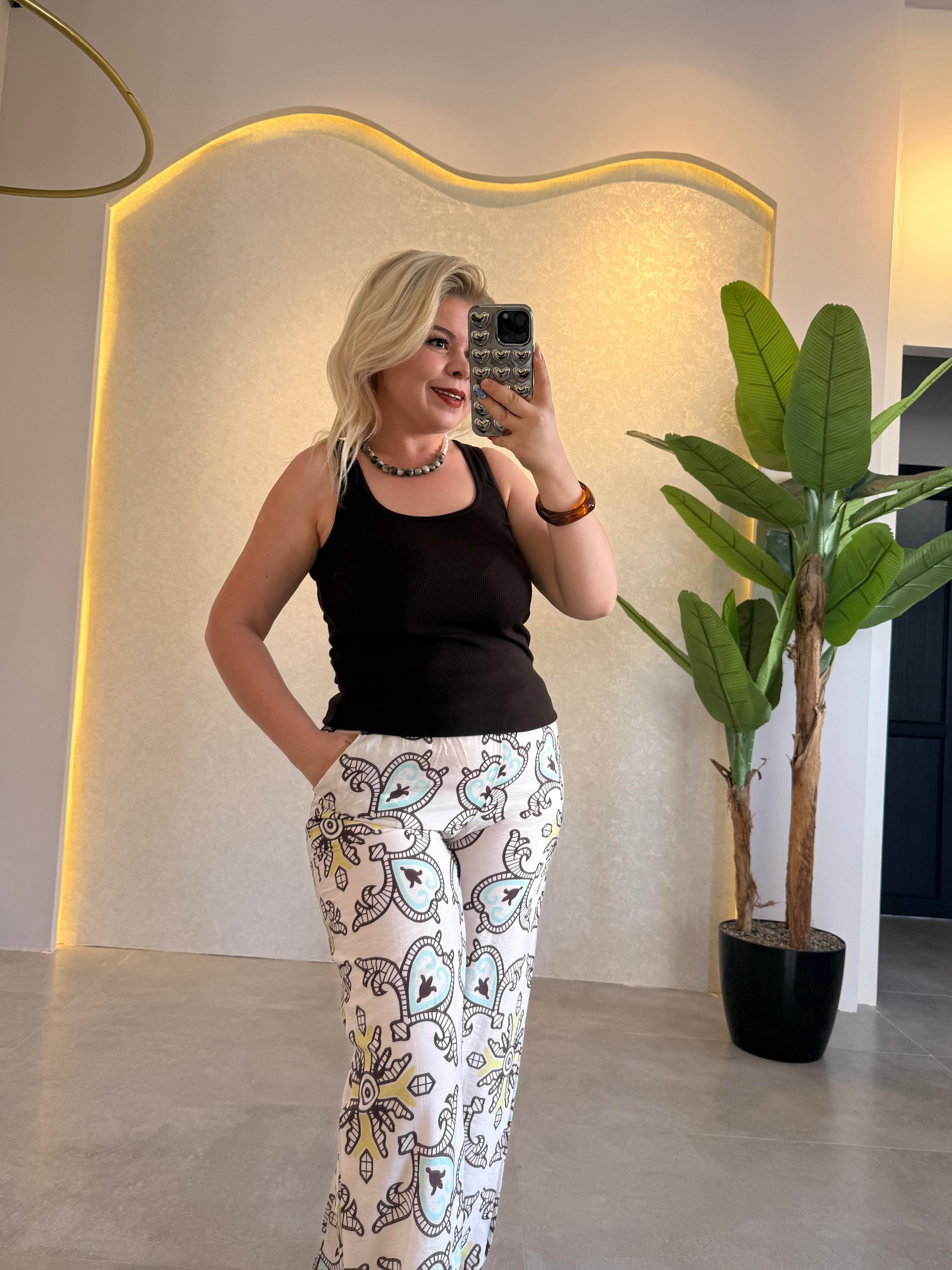 Desenli Tencel Pantolon