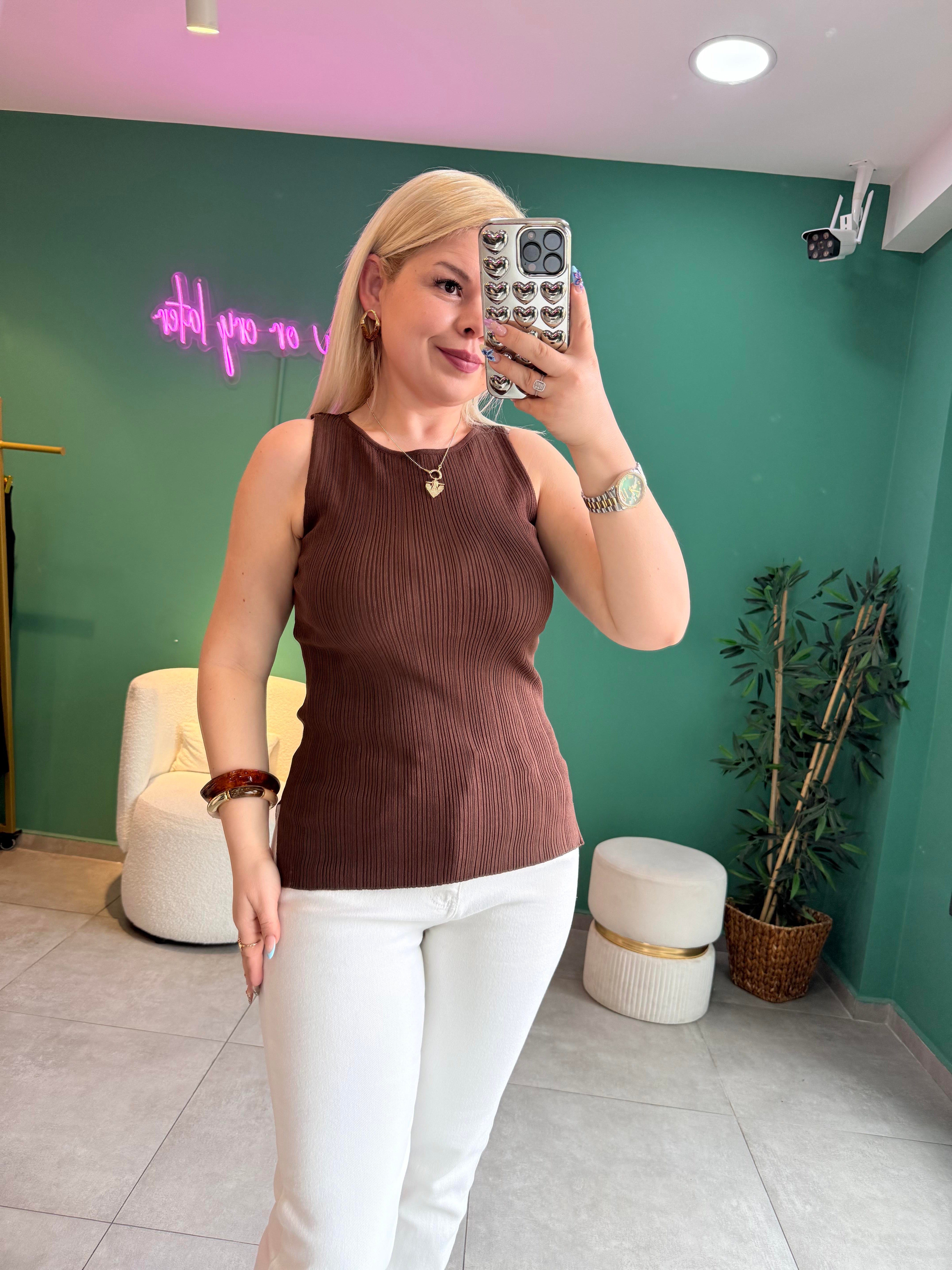 Dilvin Kayık Yaka Fitilli Kahve Triko Bluz
