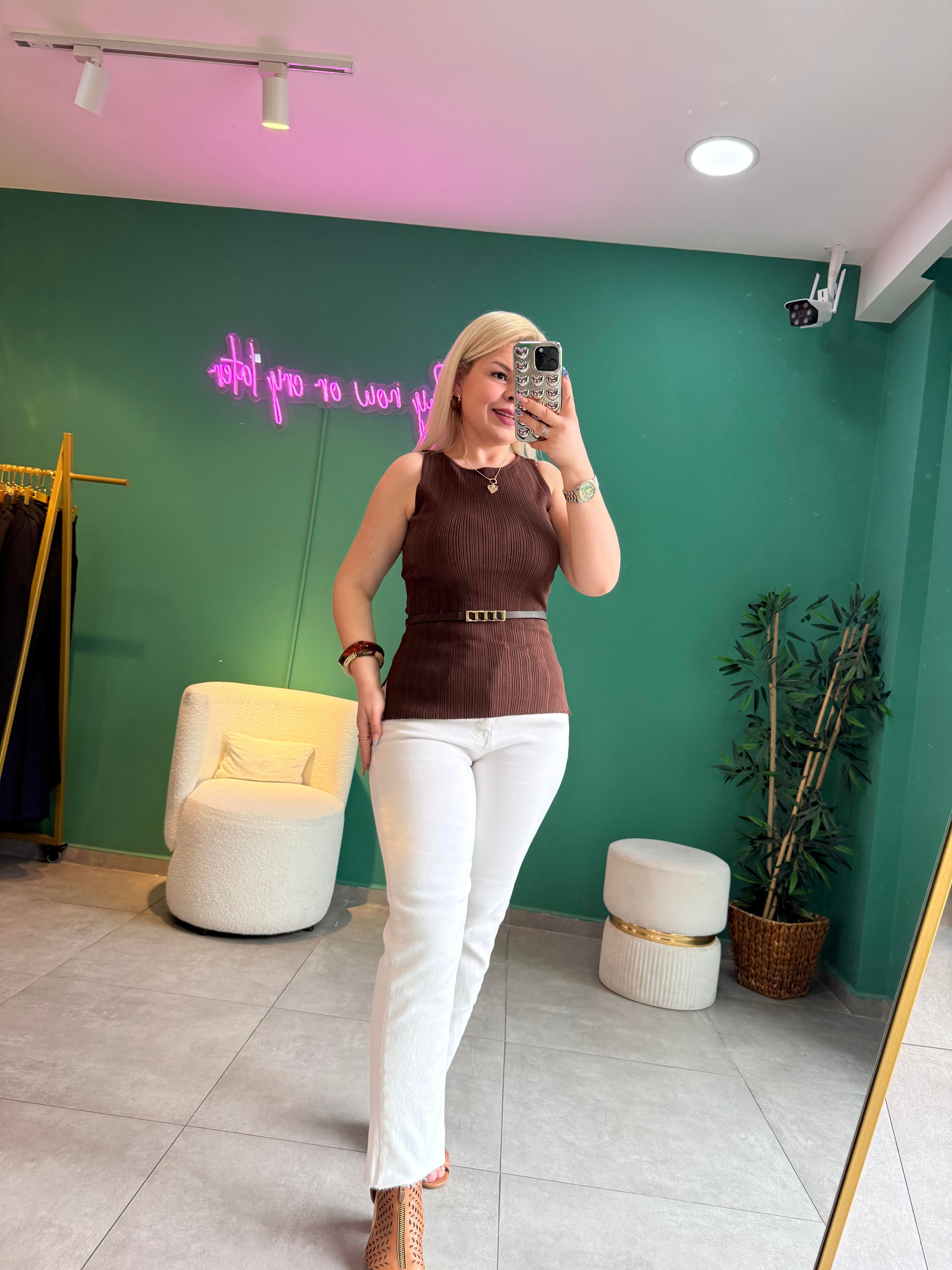 Dilvin Kayık Yaka Fitilli Kahve Triko Bluz