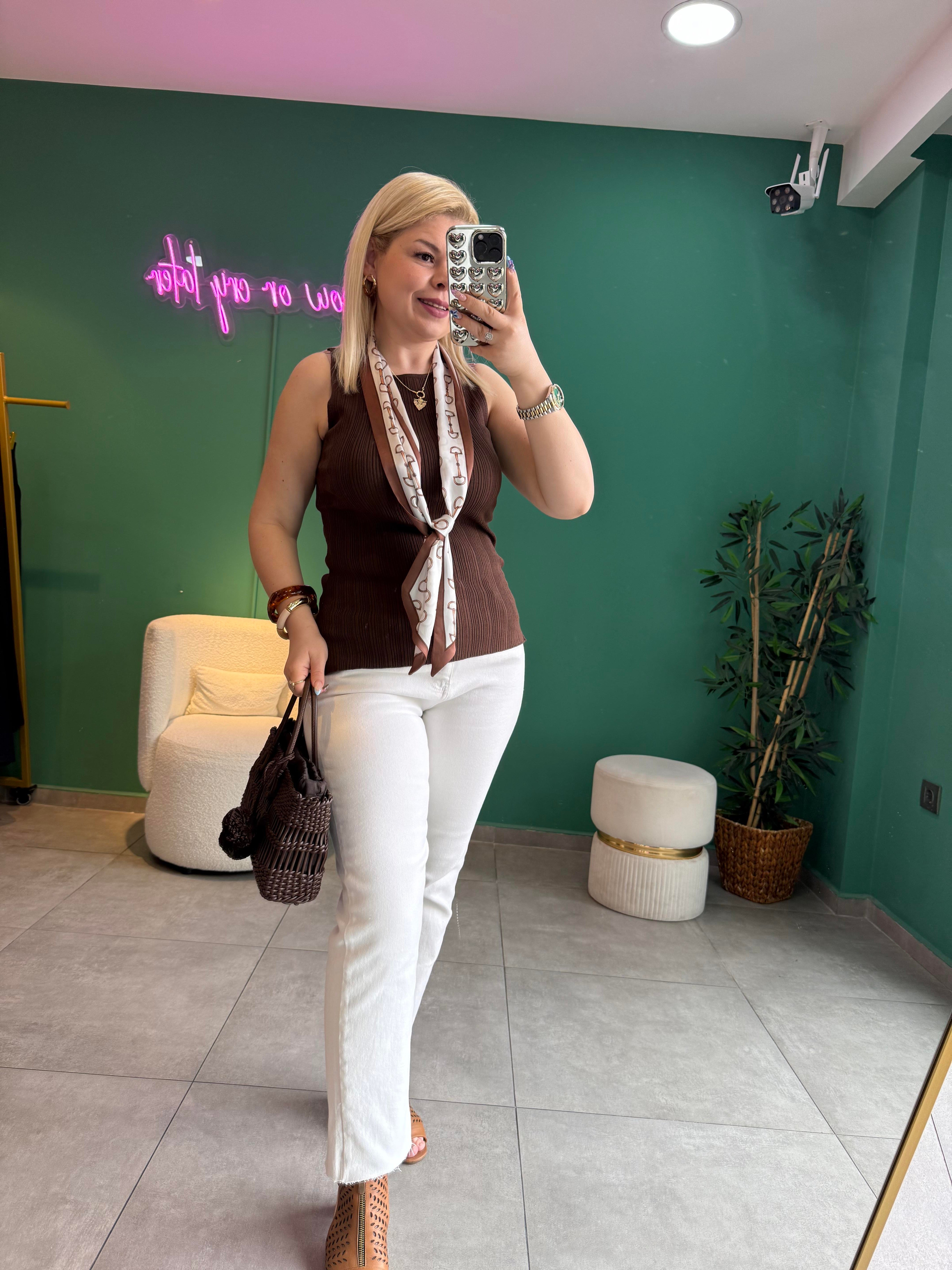Dilvin Kayık Yaka Fitilli Kahve Triko Bluz