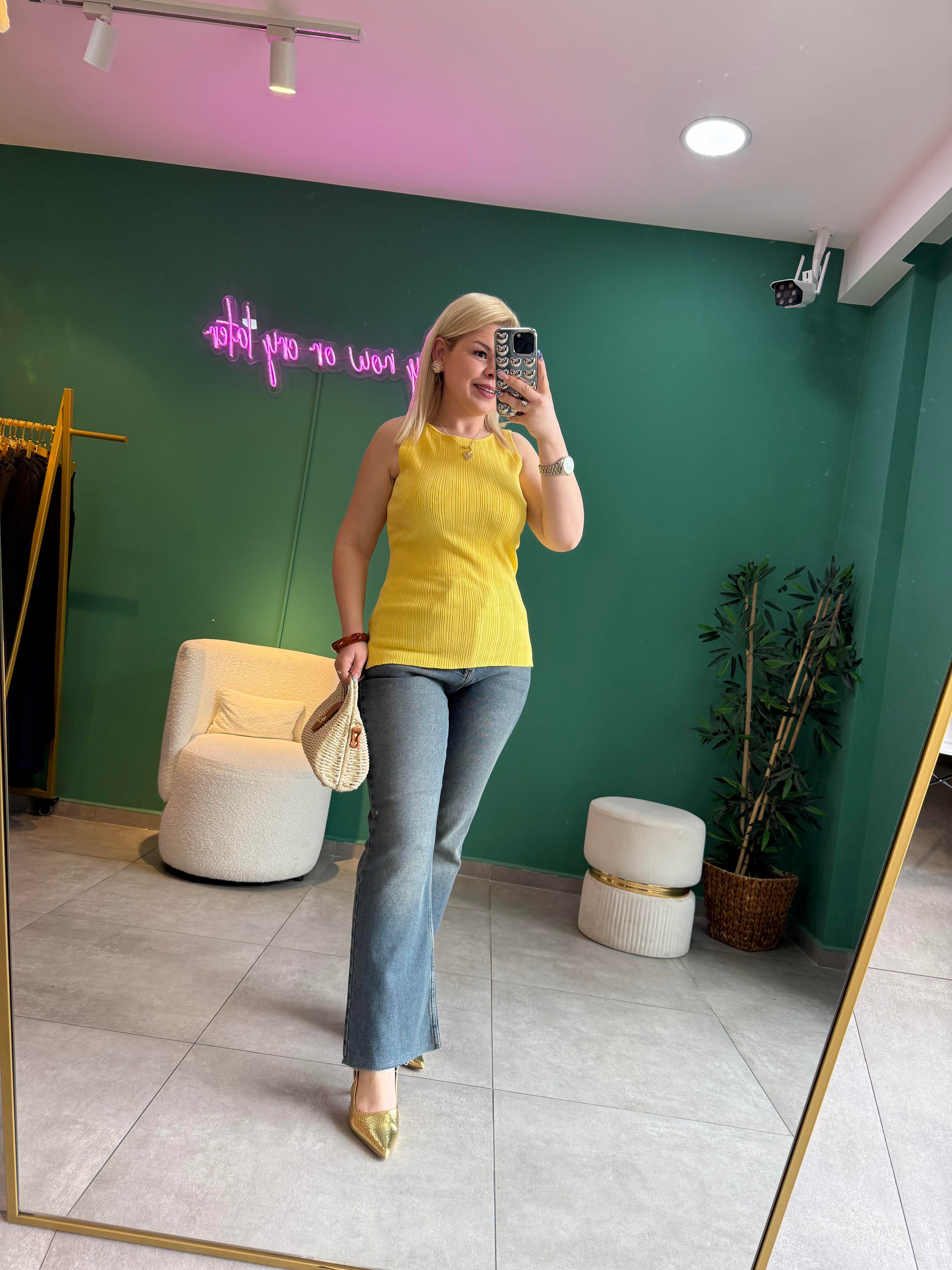 Dilvin Kayık Yaka Fitilli Koyu Sarı Triko Bluz