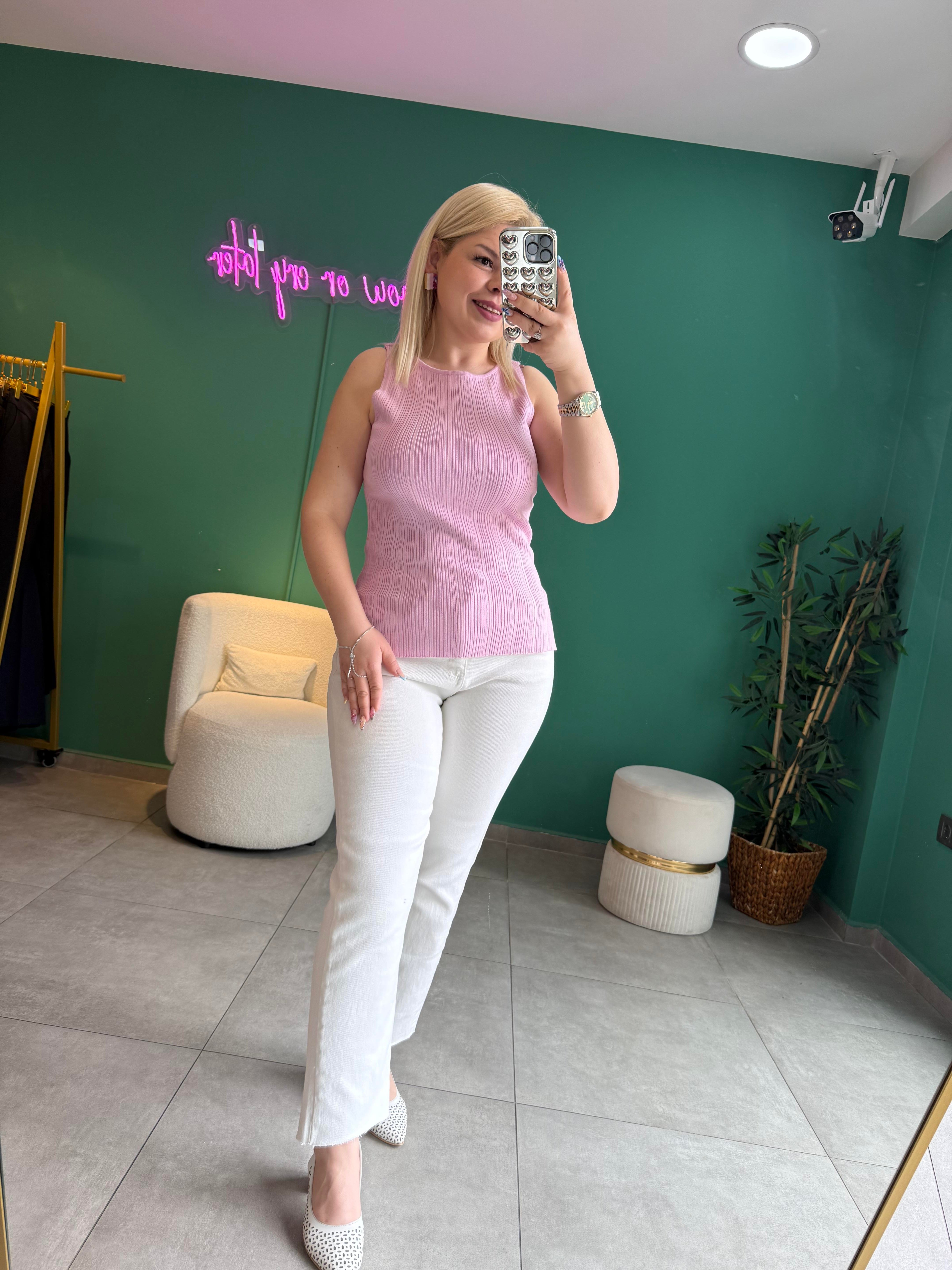 Dilvin Kayık Yaka Fitilli Pembe Triko Bluz