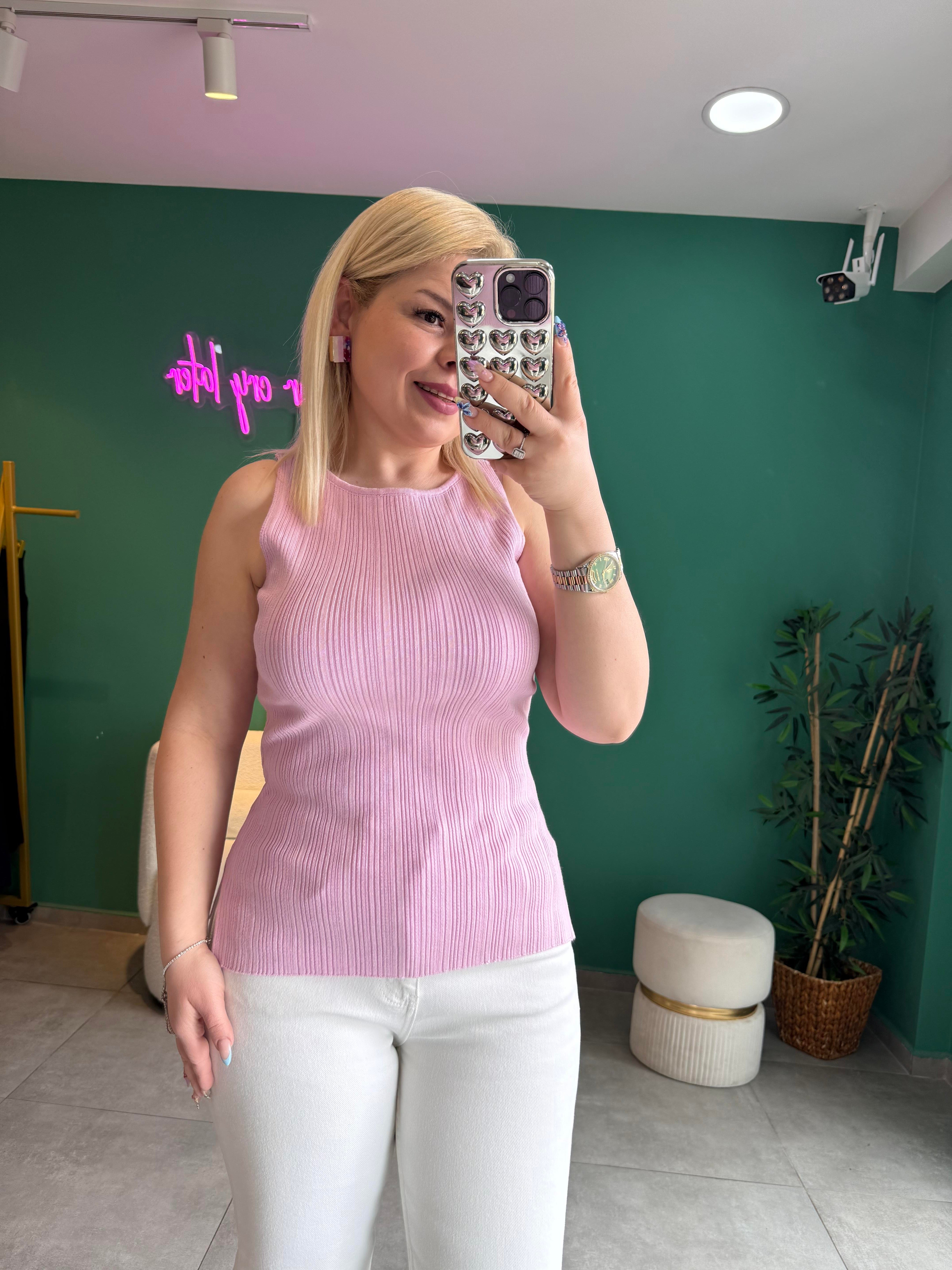 Dilvin Kayık Yaka Fitilli Pembe Triko Bluz
