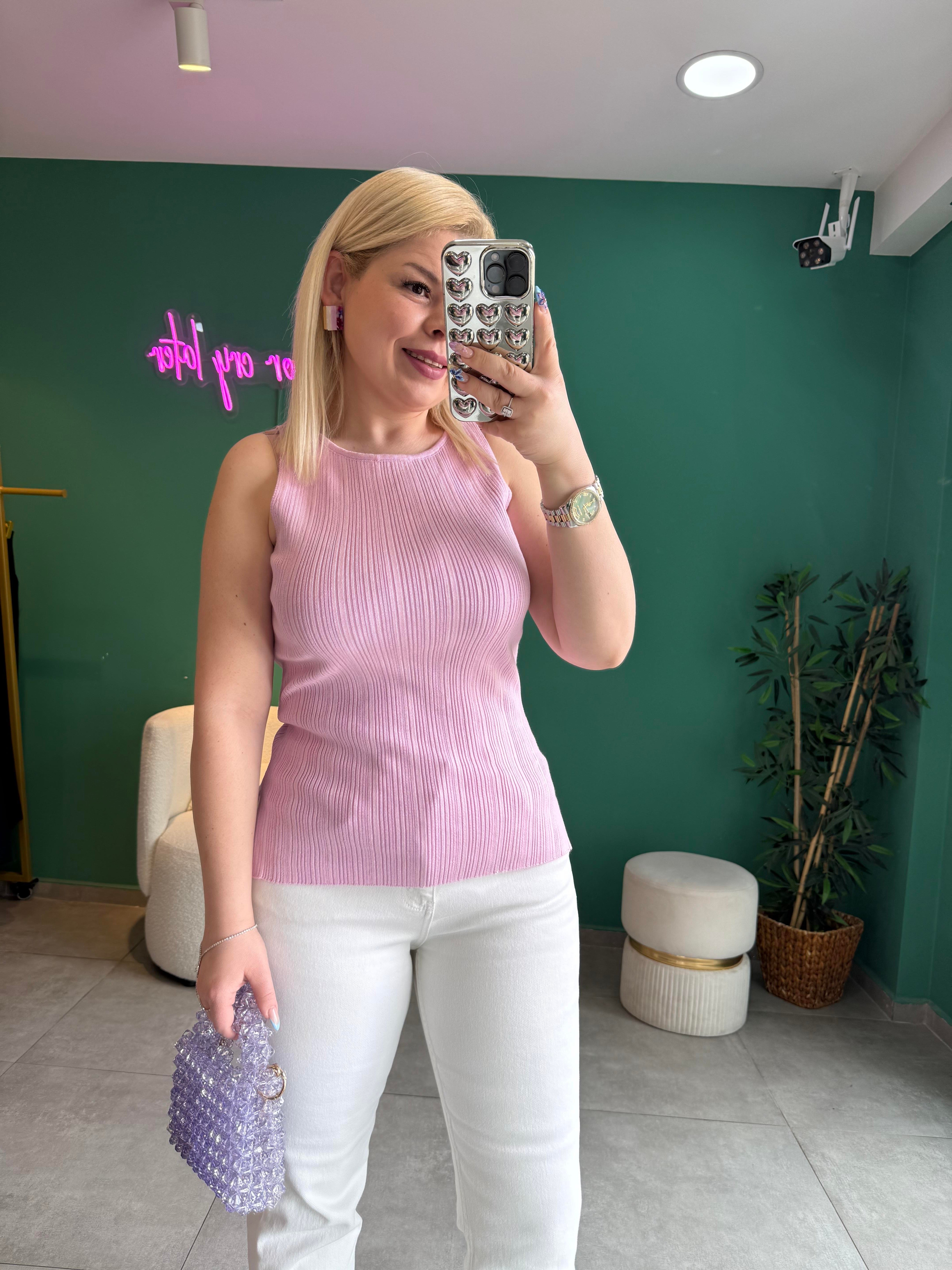 Dilvin Kayık Yaka Fitilli Pembe Triko Bluz