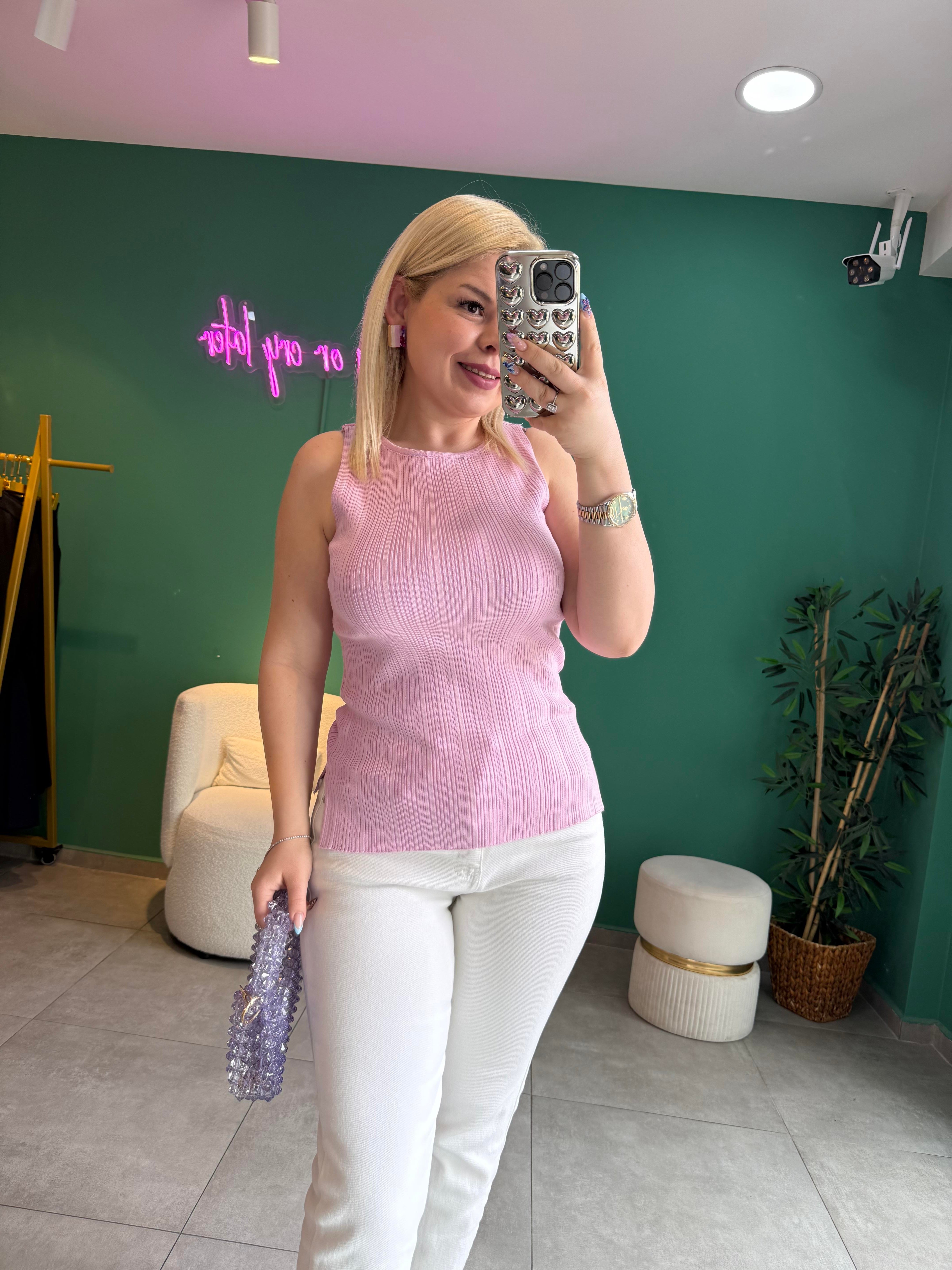 Dilvin Kayık Yaka Fitilli Pembe Triko Bluz