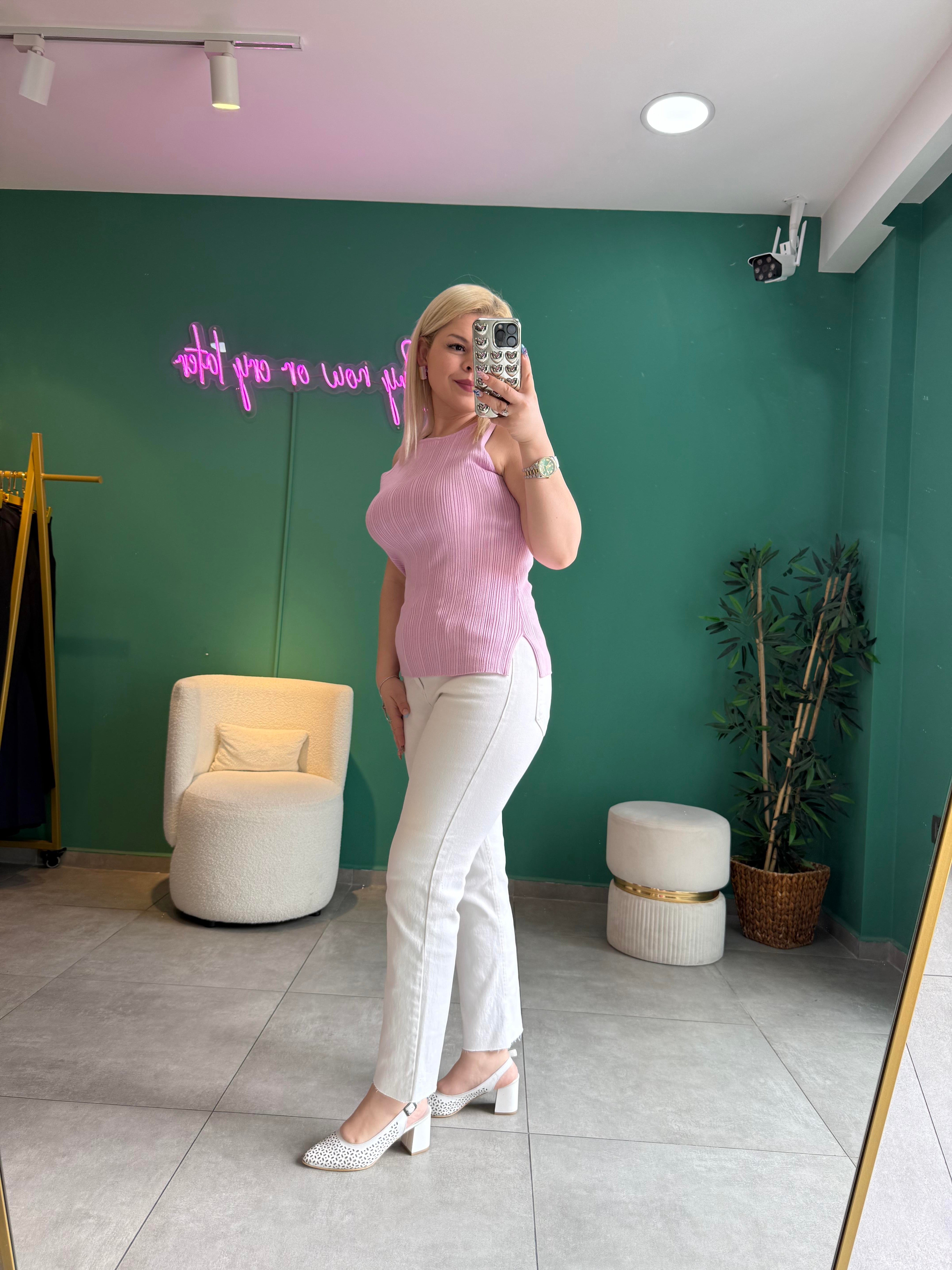 Dilvin Kayık Yaka Fitilli Pembe Triko Bluz