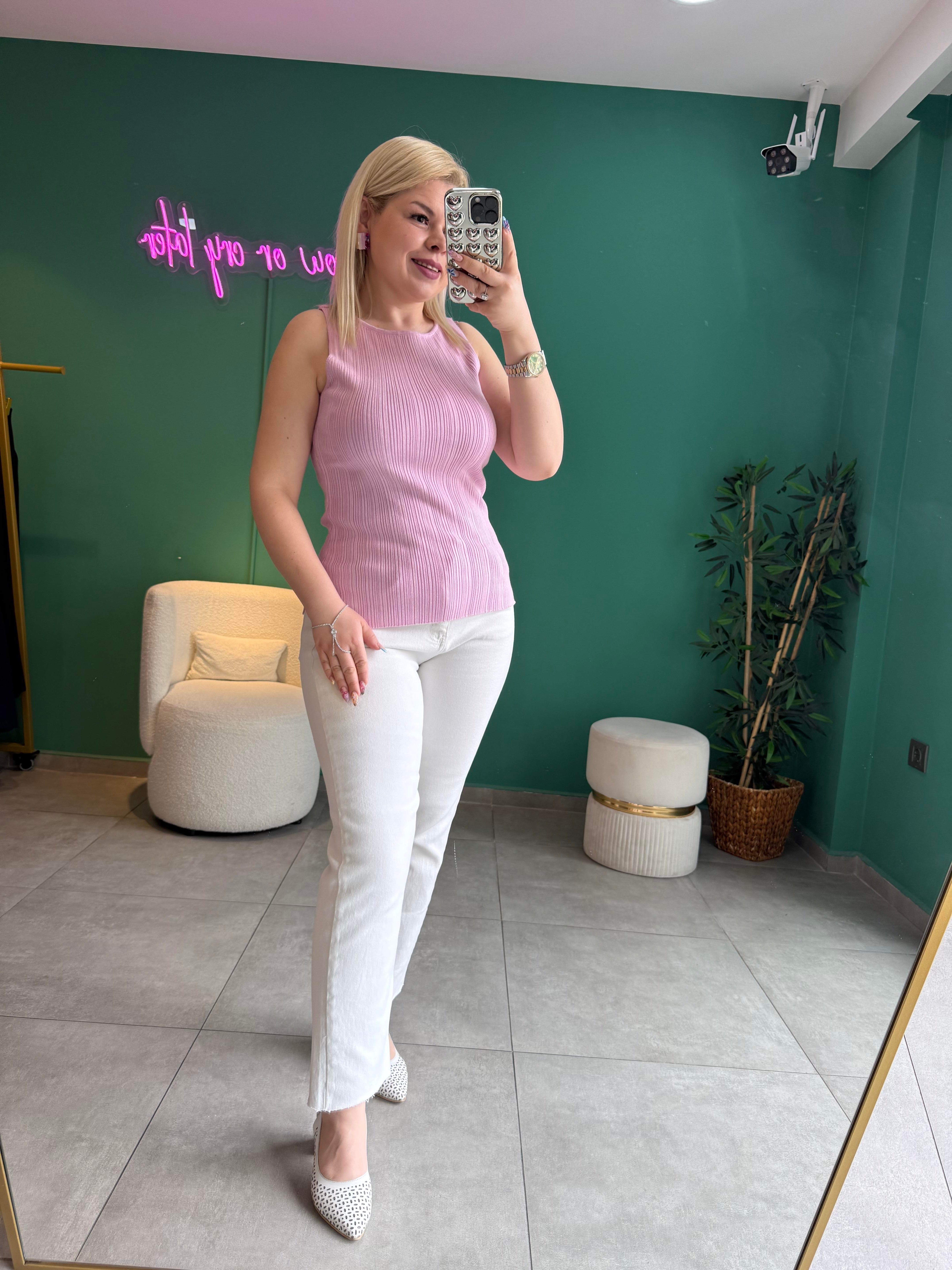 Dilvin Kayık Yaka Fitilli Pembe Triko Bluz