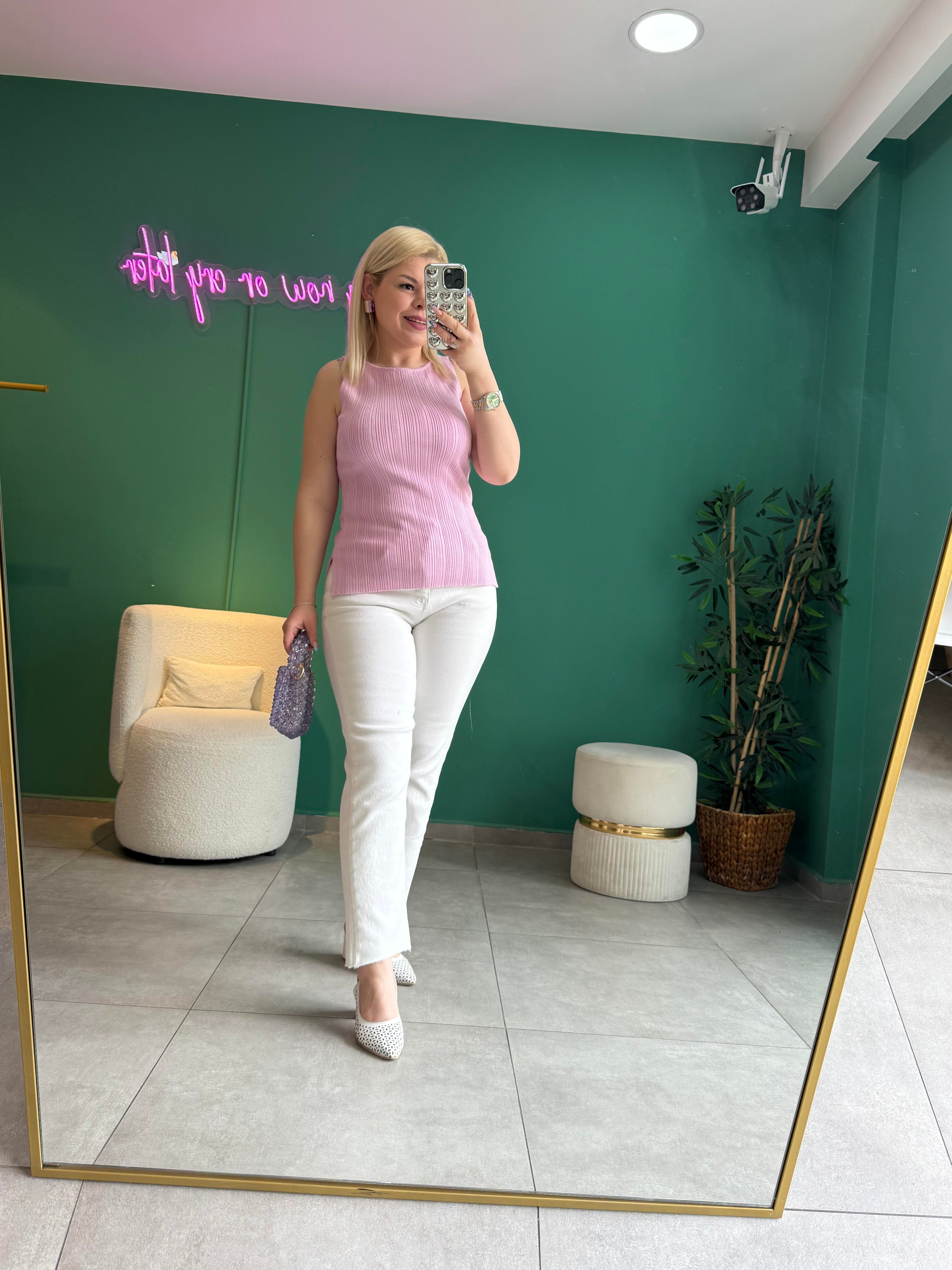 Dilvin Kayık Yaka Fitilli Pembe Triko Bluz