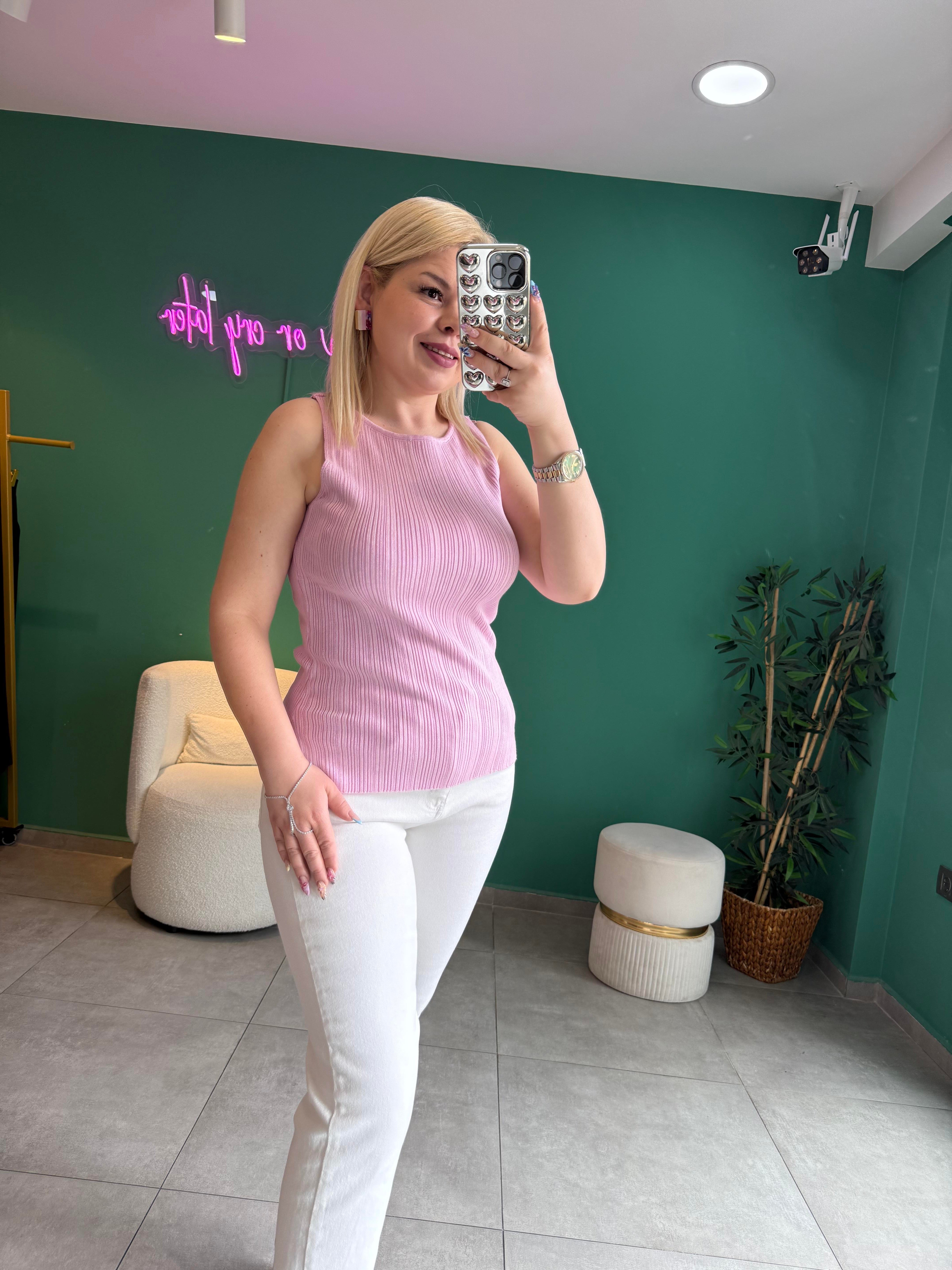 Dilvin Kayık Yaka Fitilli Pembe Triko Bluz