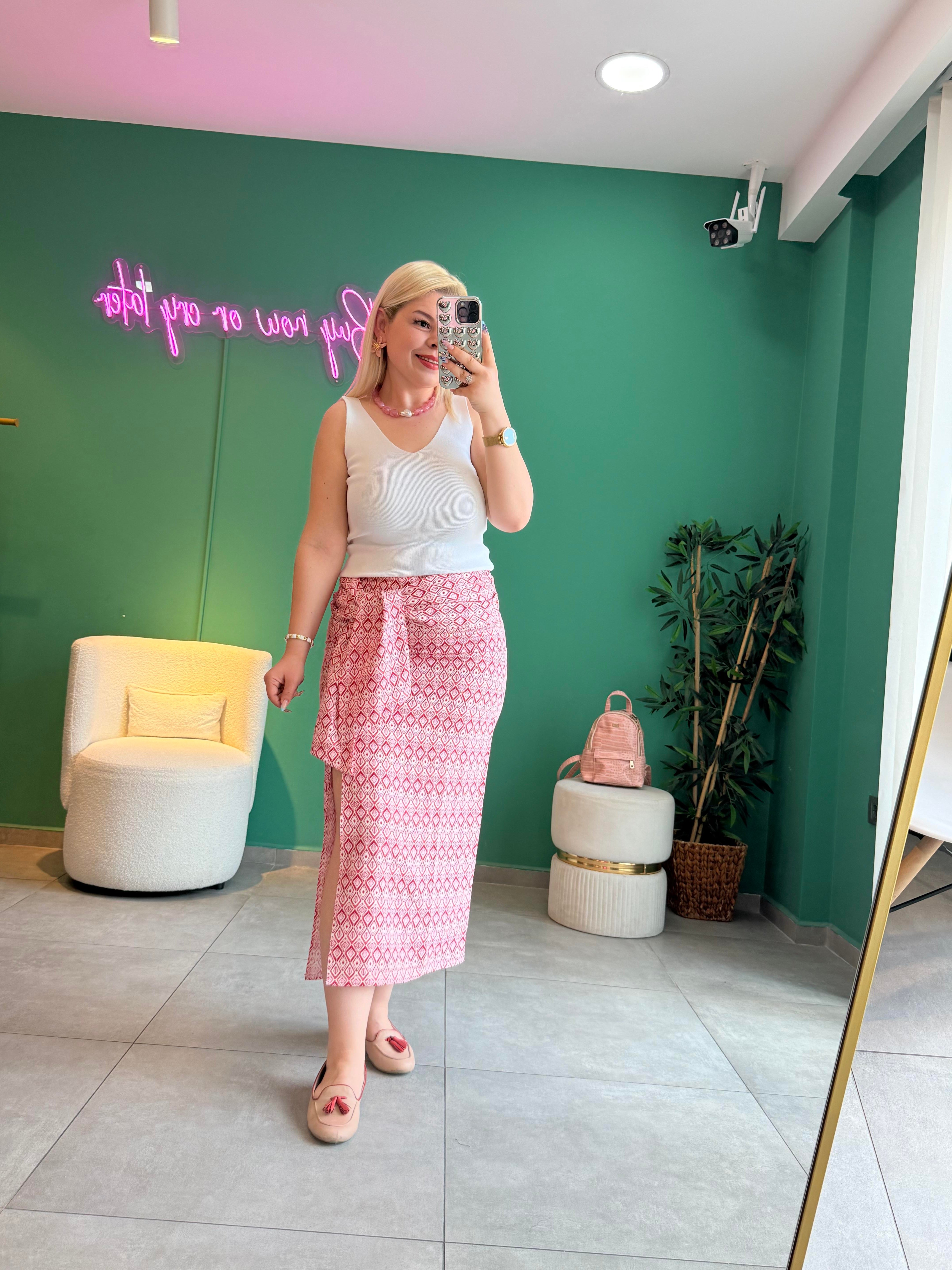 Etnik Desenli Pembe Maxi Etek