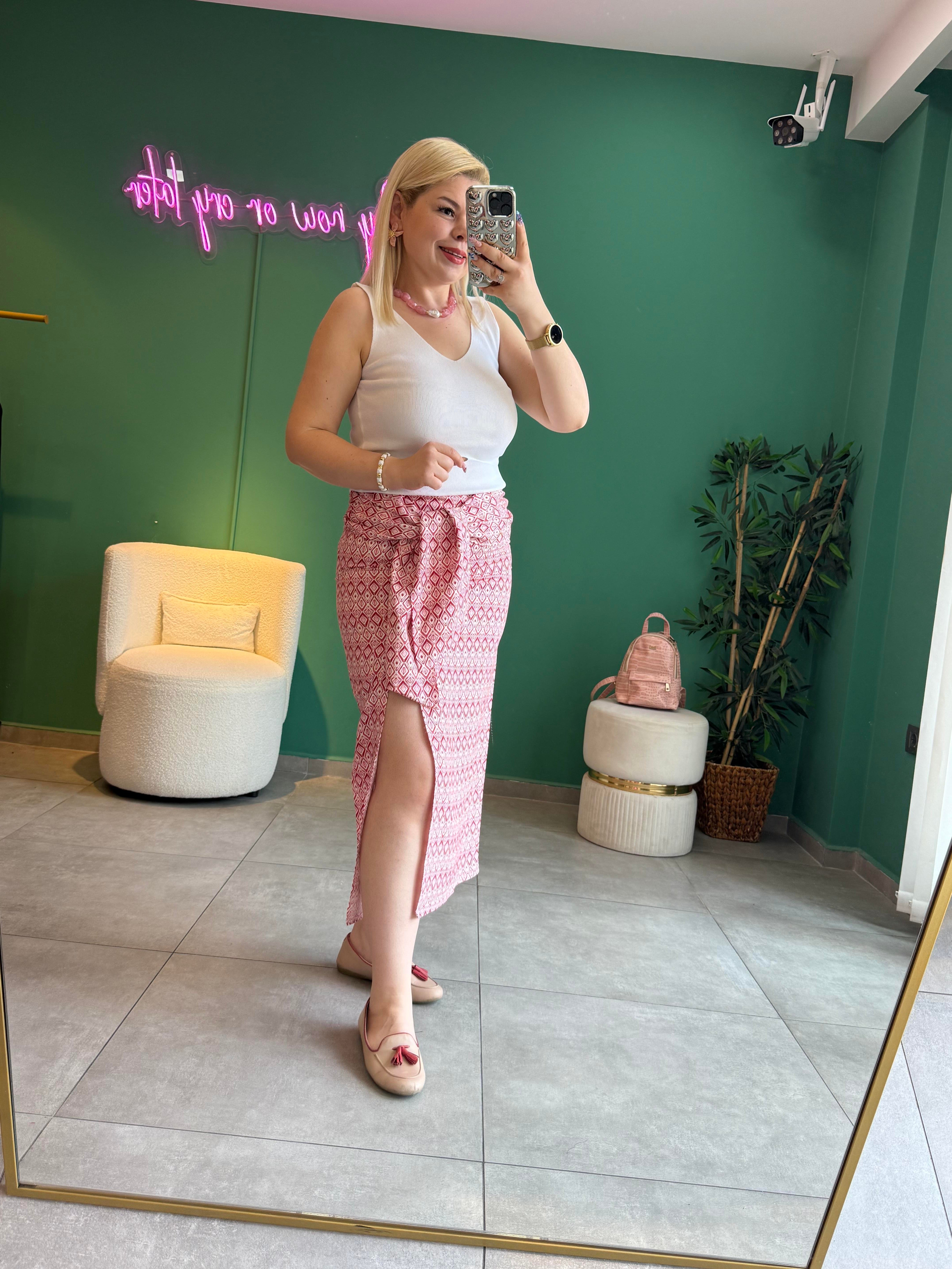 Etnik Desenli Pembe Maxi Etek