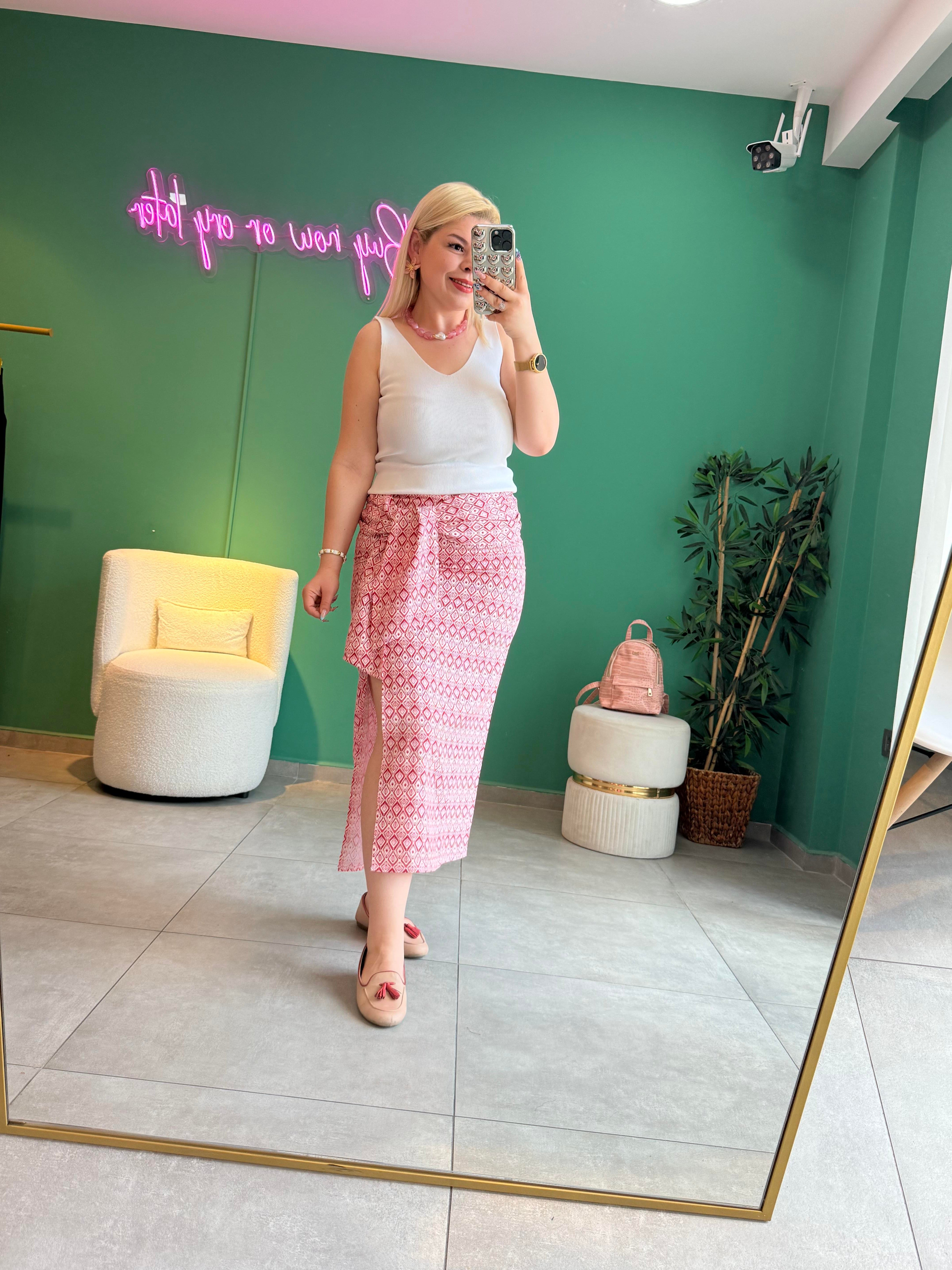 Etnik Desenli Pembe Maxi Etek