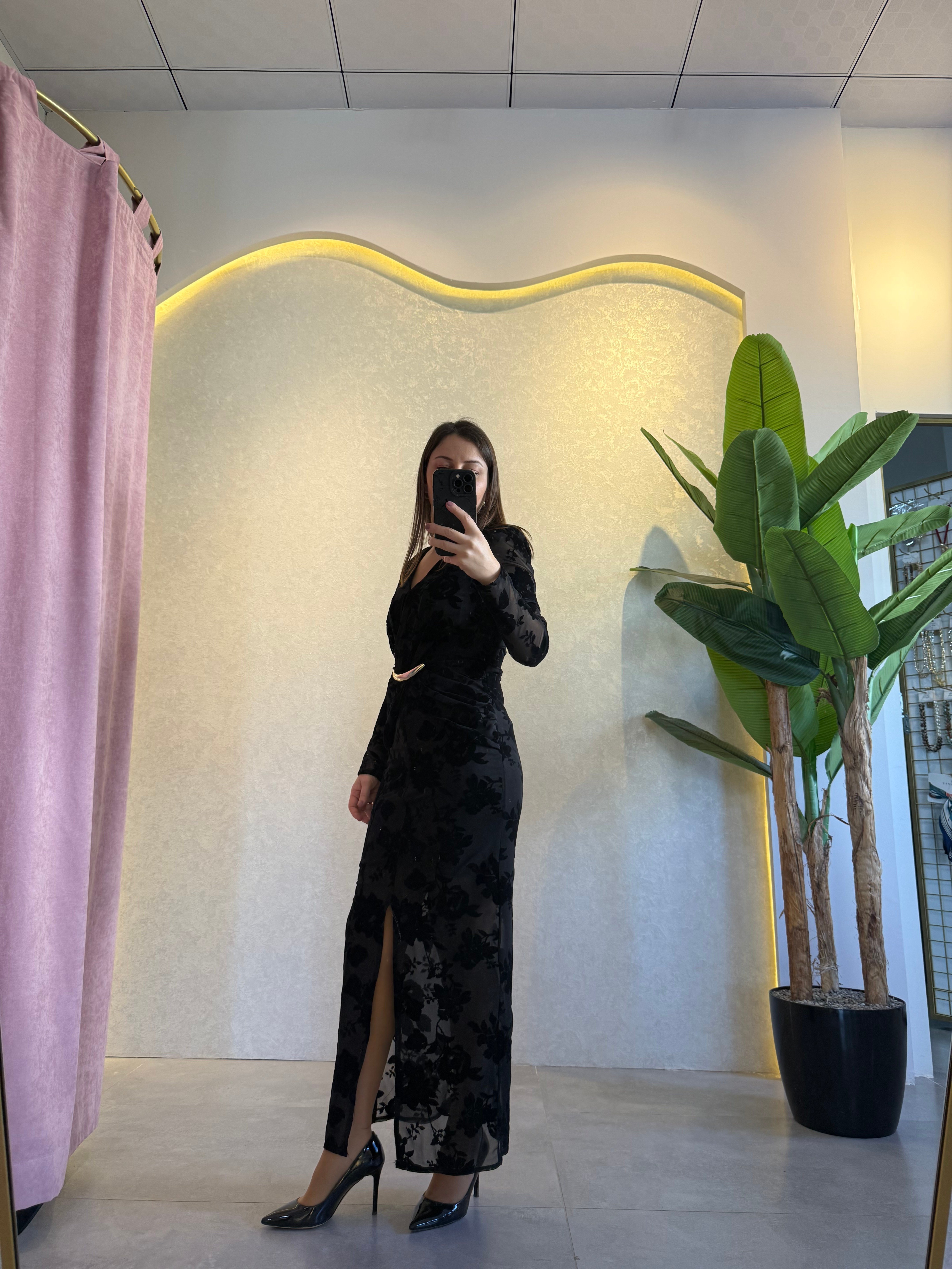 Floklu Gold Tokalı Siyah Elbise